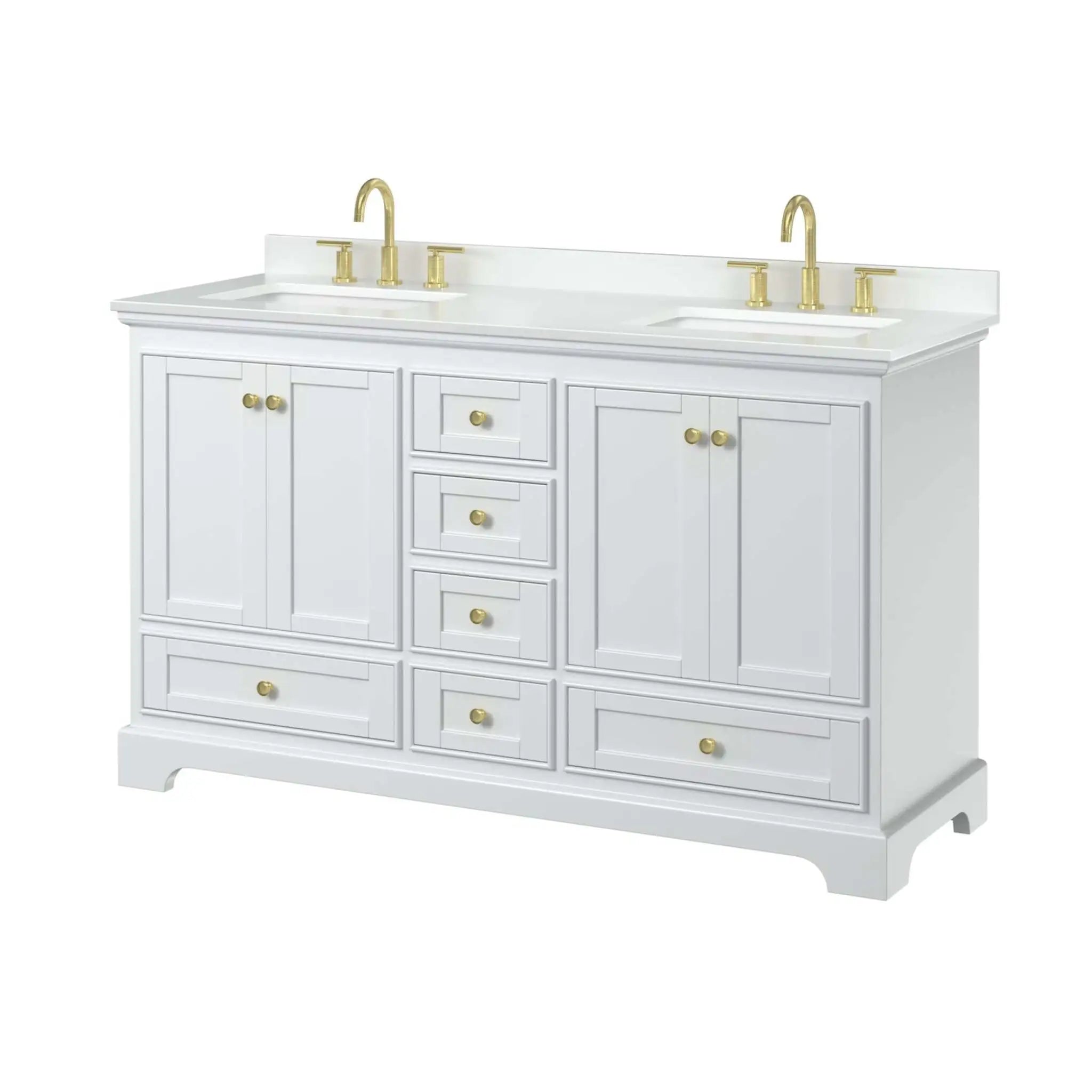 60" Deborah Double Bathroom Vanity in White with Brushed Gold Trim by Wyndham