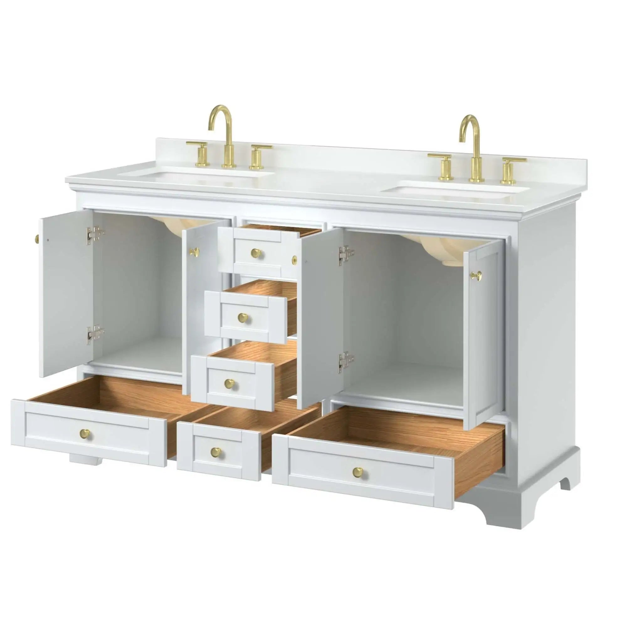 60" Deborah Double Bathroom Vanity in White with Brushed Gold Trim by Wyndham