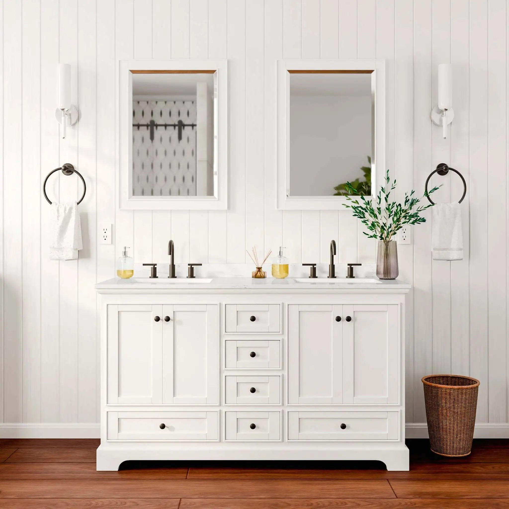 60" Deborah Double Bathroom Vanity in White with Matte Black Trim & 24" Mirror by Wyndham