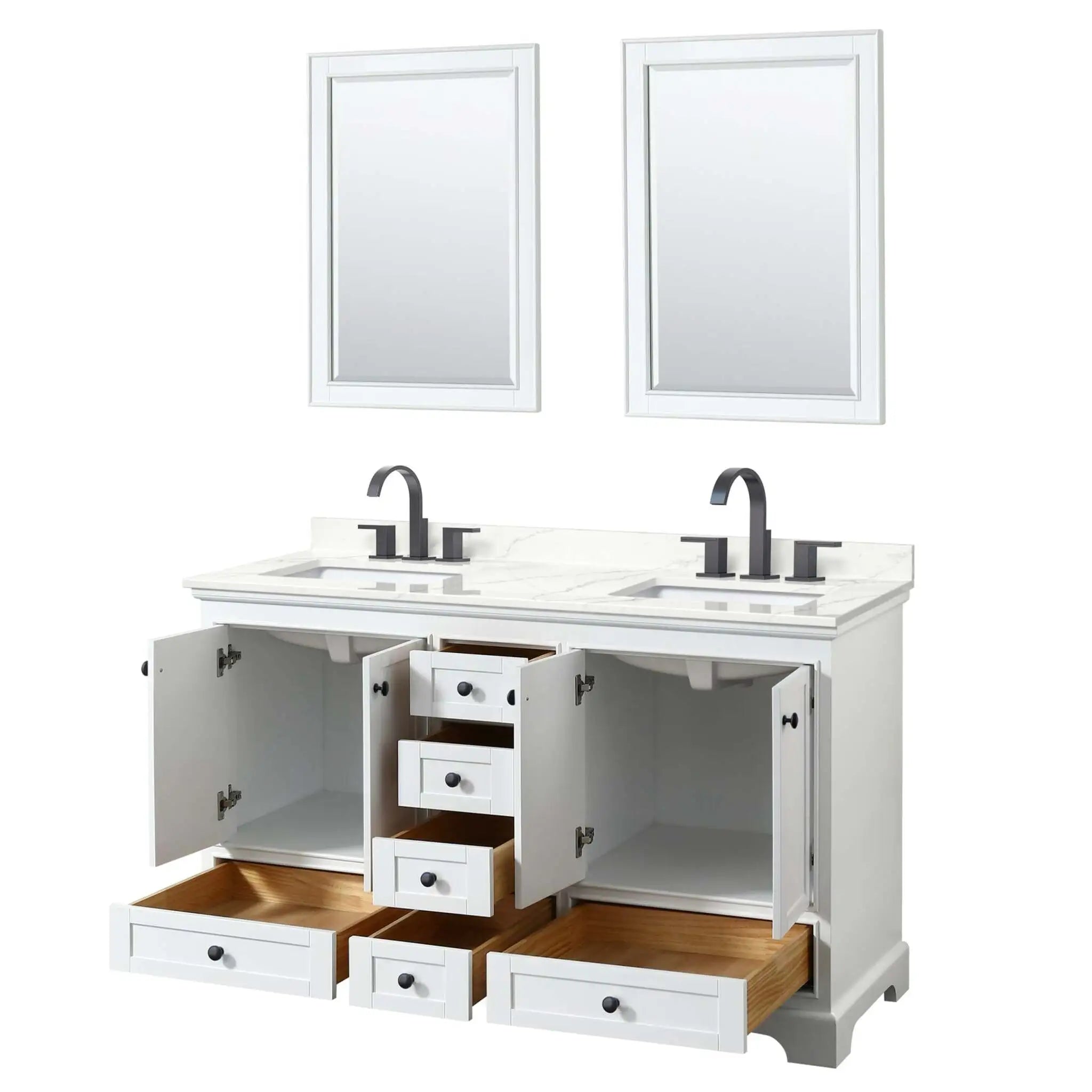 60" Deborah Double Bathroom Vanity in White with Matte Black Trim & 24" Mirror by Wyndham