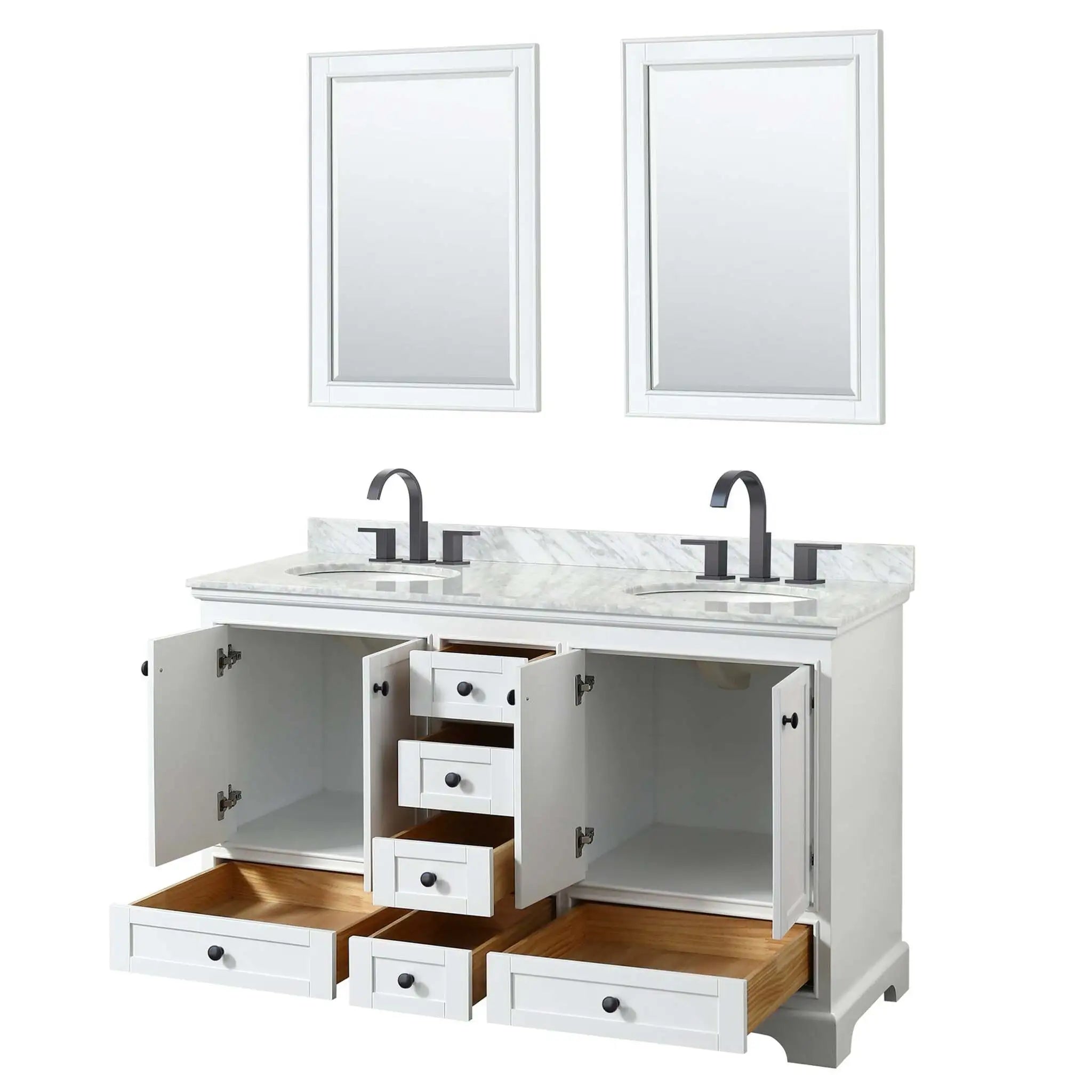 60" Deborah Double Bathroom Vanity in White with Matte Black Trim & 24" Mirror by Wyndham