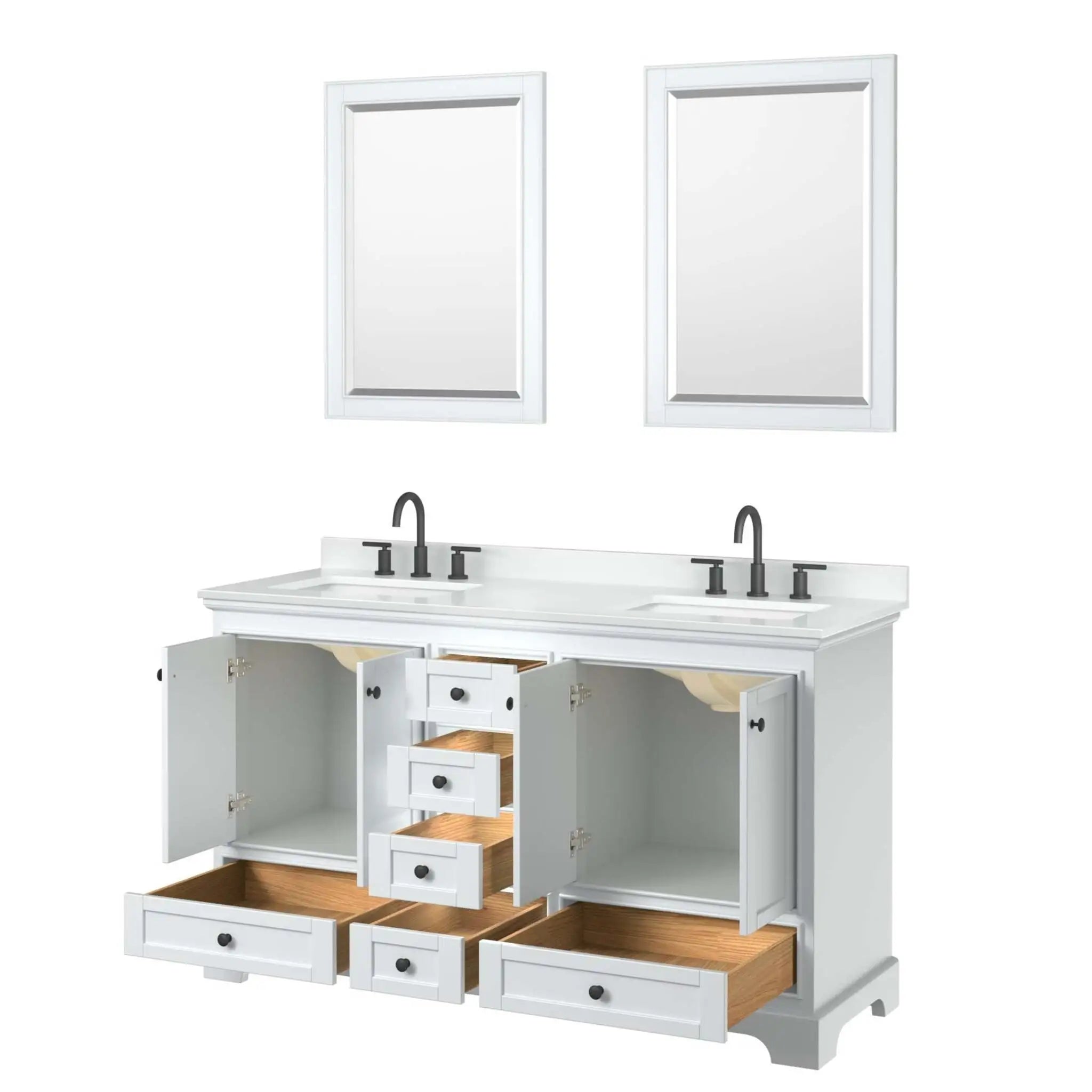 60" Deborah Double Bathroom Vanity in White with Matte Black Trim & 24" Mirror by Wyndham
