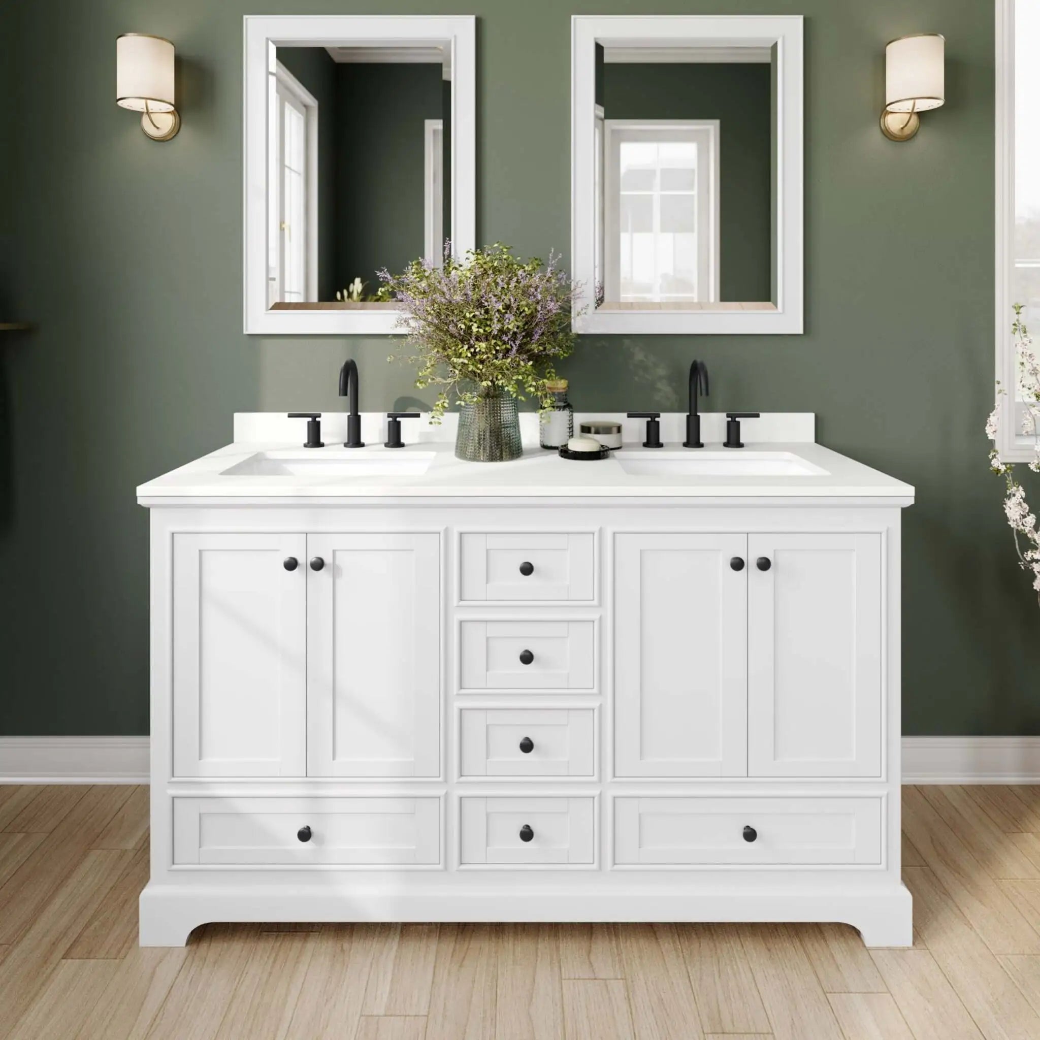 60" Deborah Double Bathroom Vanity in White with Matte Black Trim & 24" Mirror by Wyndham
