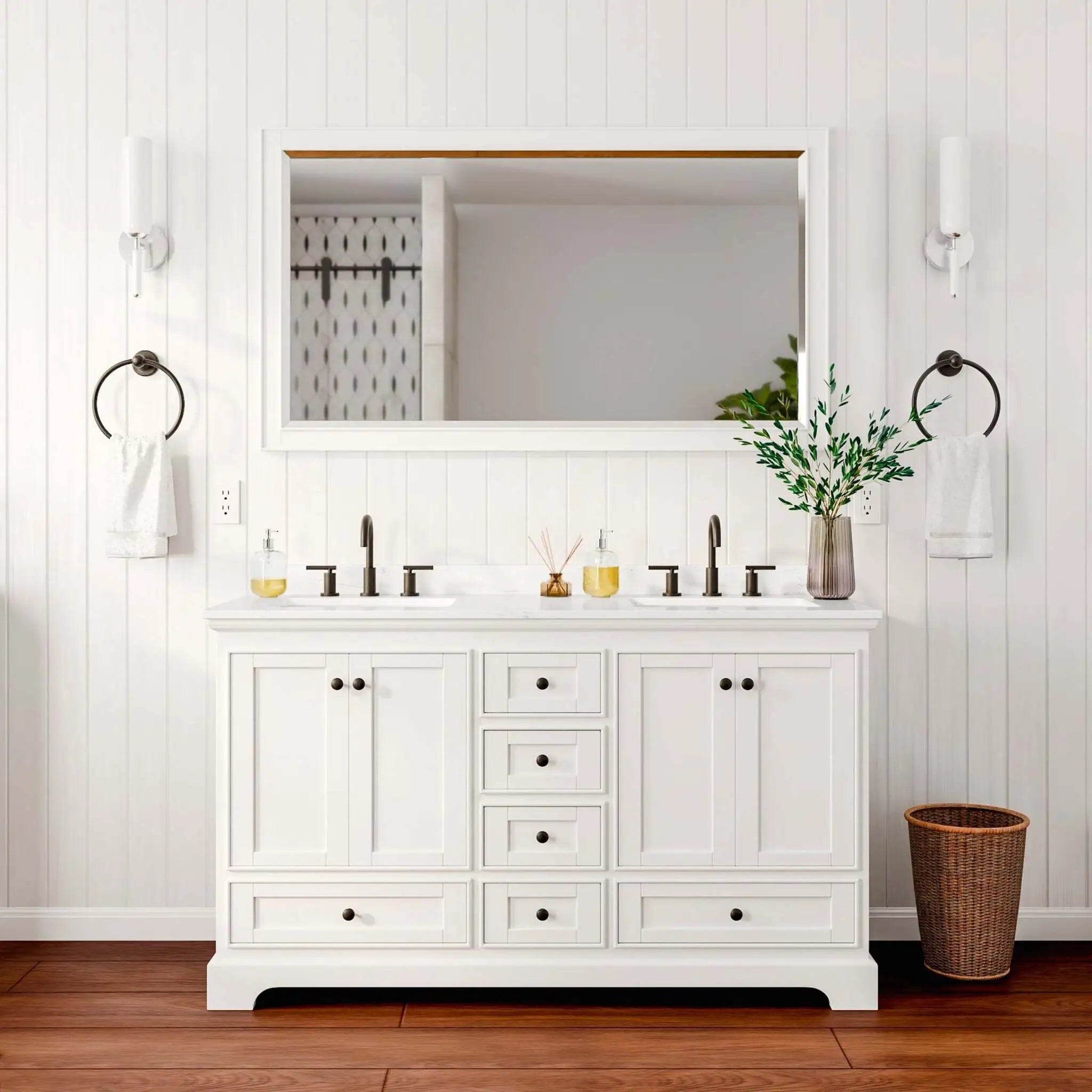 60" Deborah Double Bathroom Vanity in White with Matte Black Trim & 58" Mirror by Wyndham