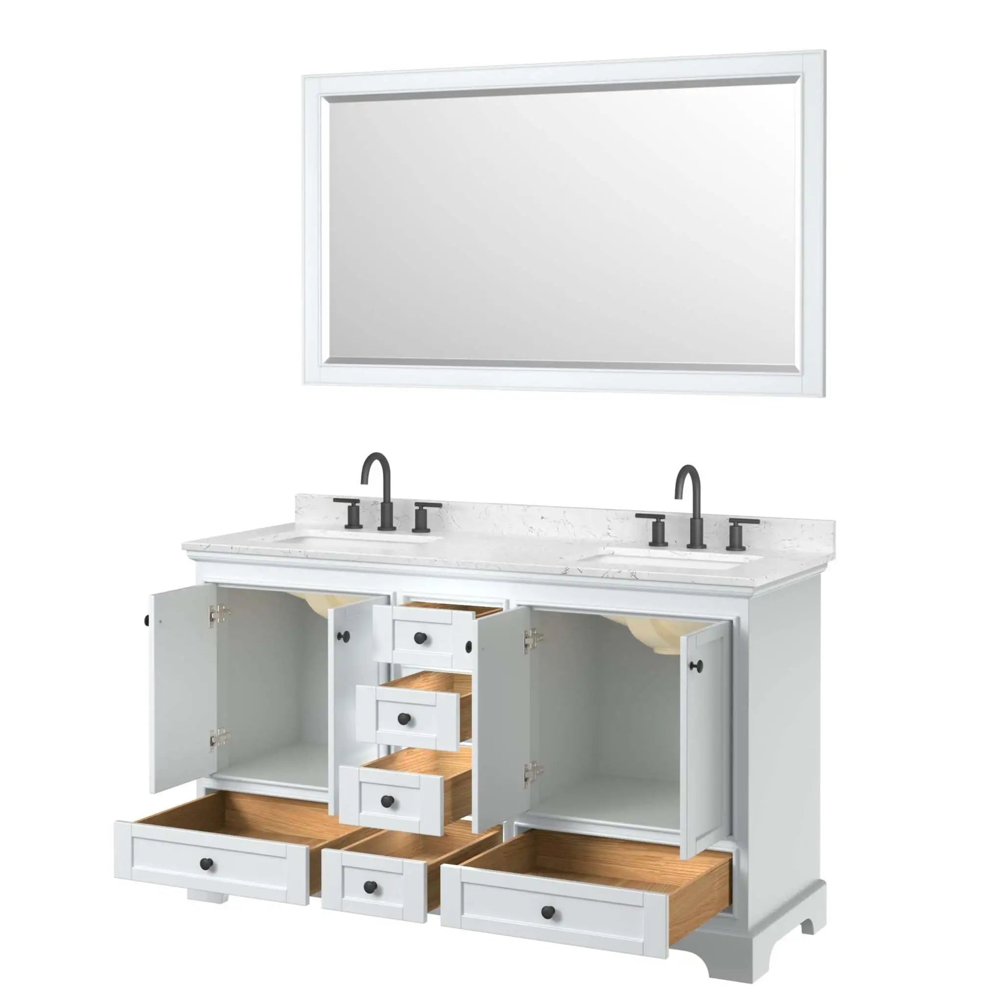 60" Deborah Double Bathroom Vanity in White with Matte Black Trim & 58" Mirror by Wyndham