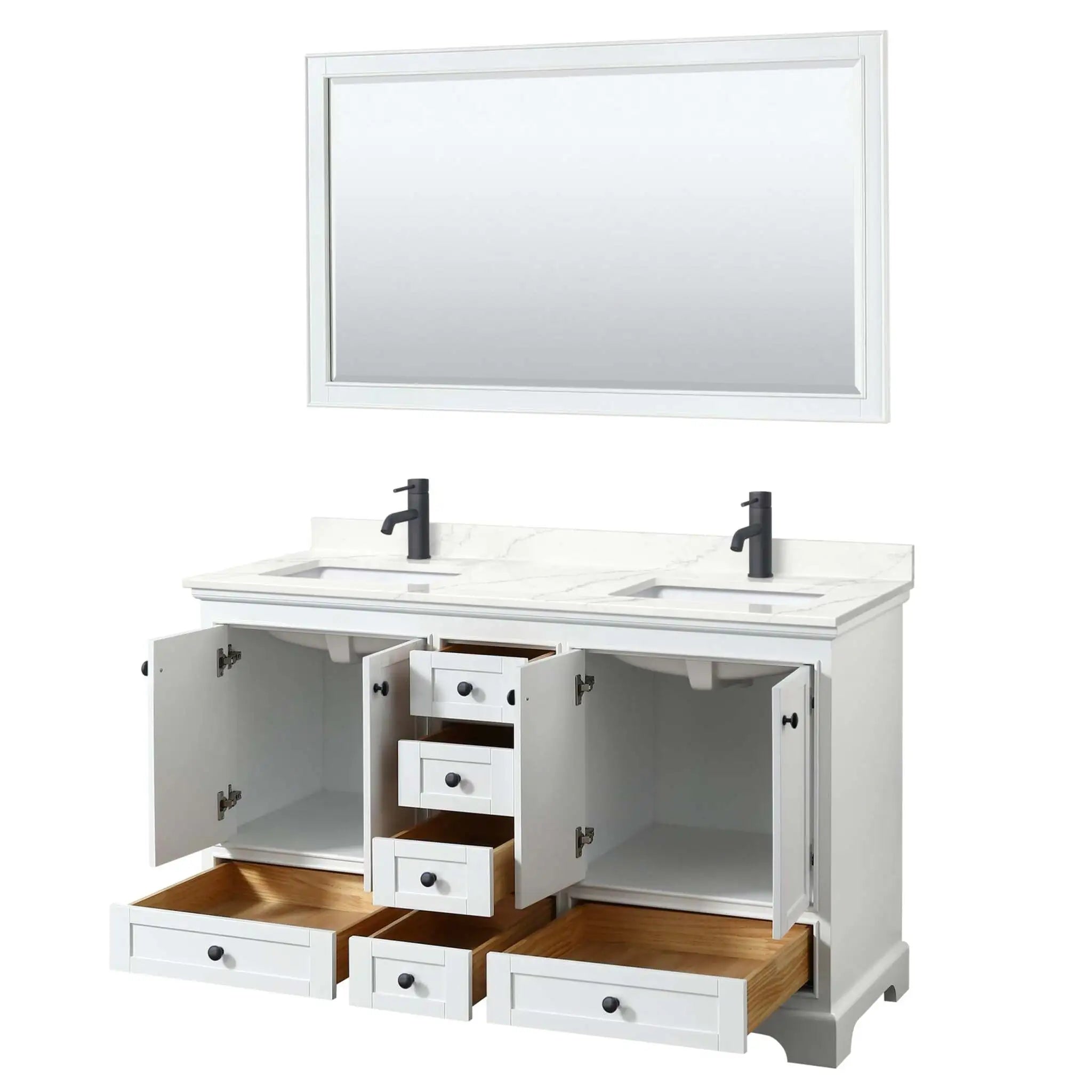 60" Deborah Double Bathroom Vanity in White with Matte Black Trim & 58" Mirror by Wyndham