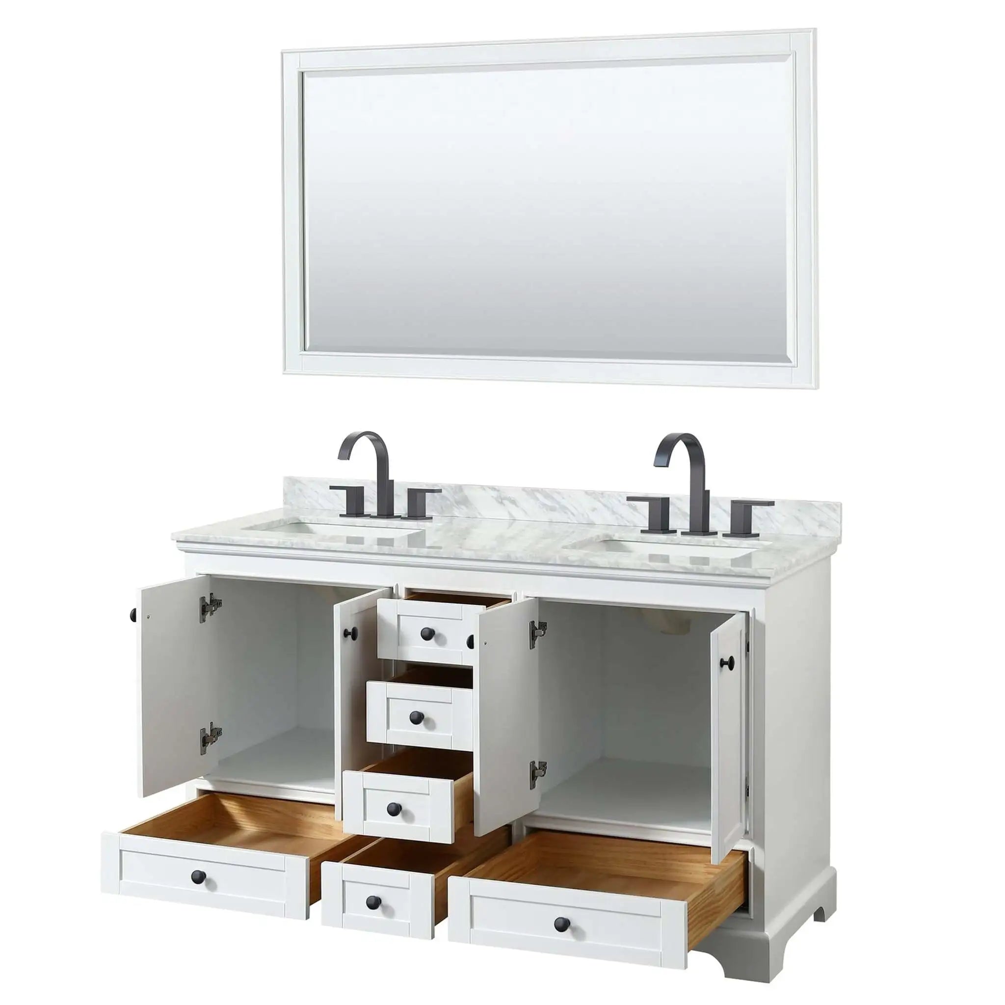 60" Deborah Double Bathroom Vanity in White with Matte Black Trim & 58" Mirror by Wyndham