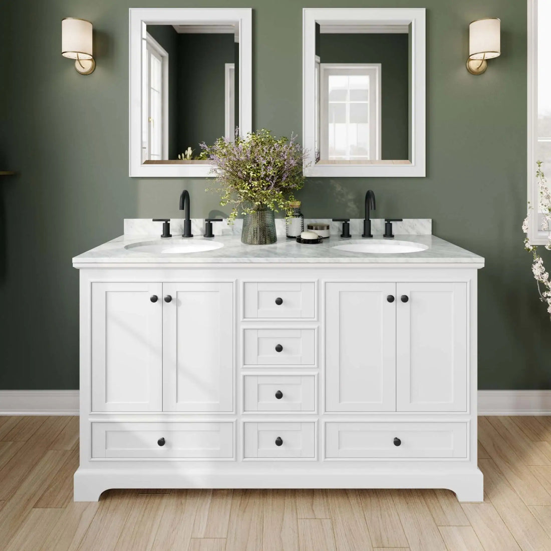 60" Deborah Double Bathroom Vanity in White with Matte Black Trim & 58" Mirror by Wyndham