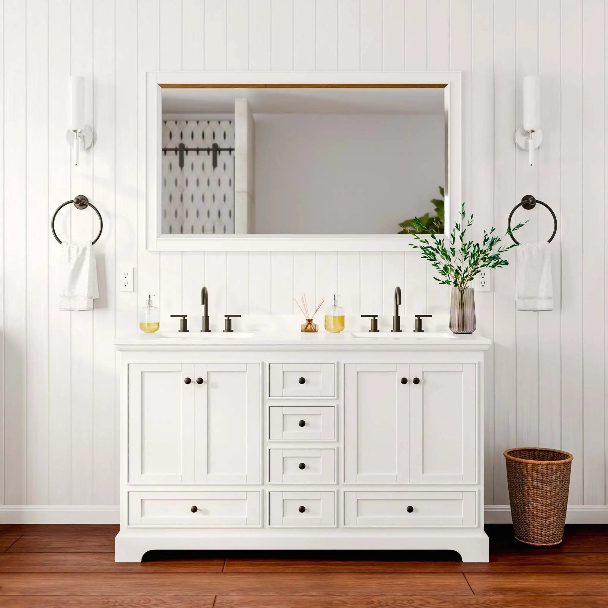 60" Deborah Double Bathroom Vanity in White with Matte Black Trim & 58" Mirror by Wyndham