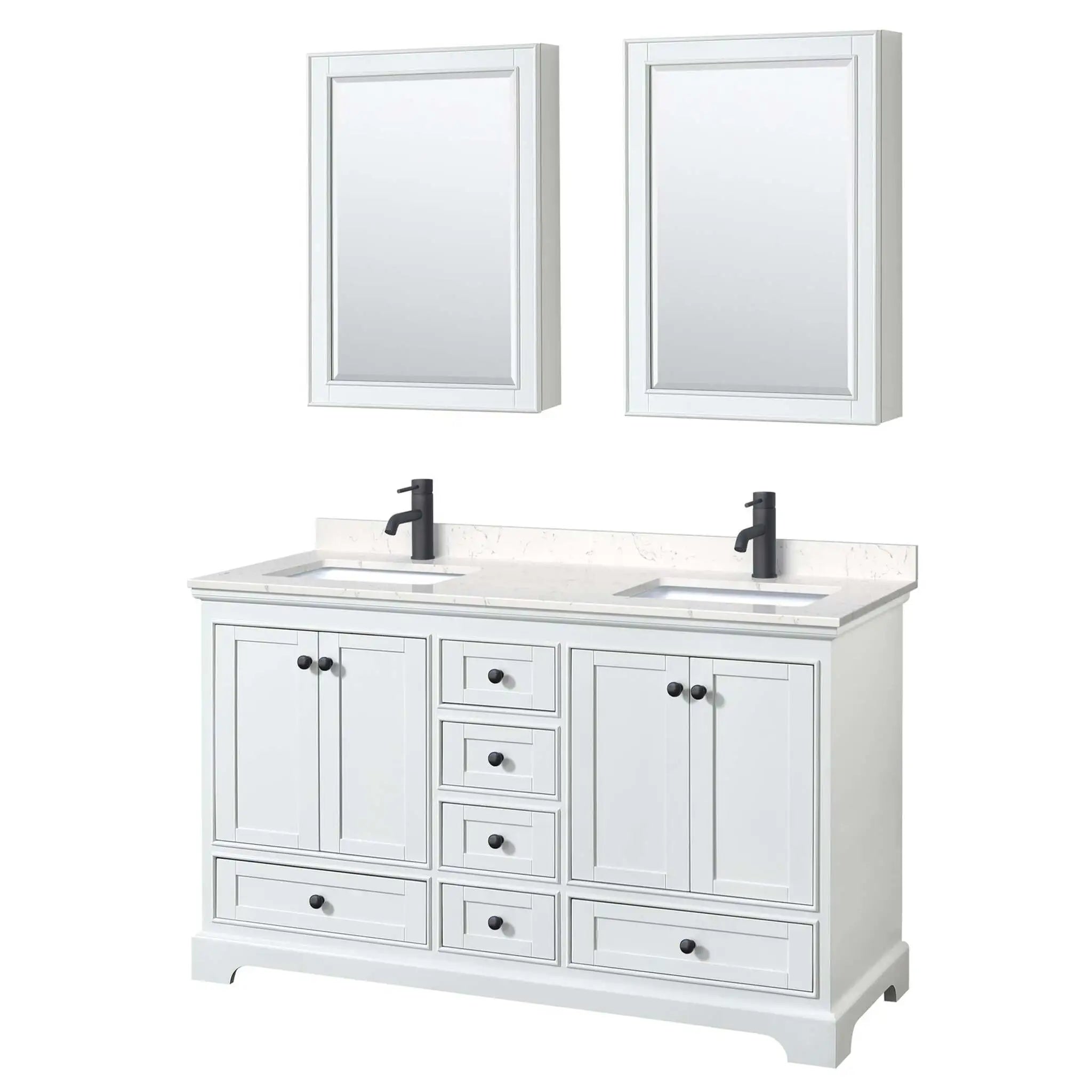 60" Deborah Double Bathroom Vanity in White with Matte Black Trim & Medicine Cabinet by Wyndham