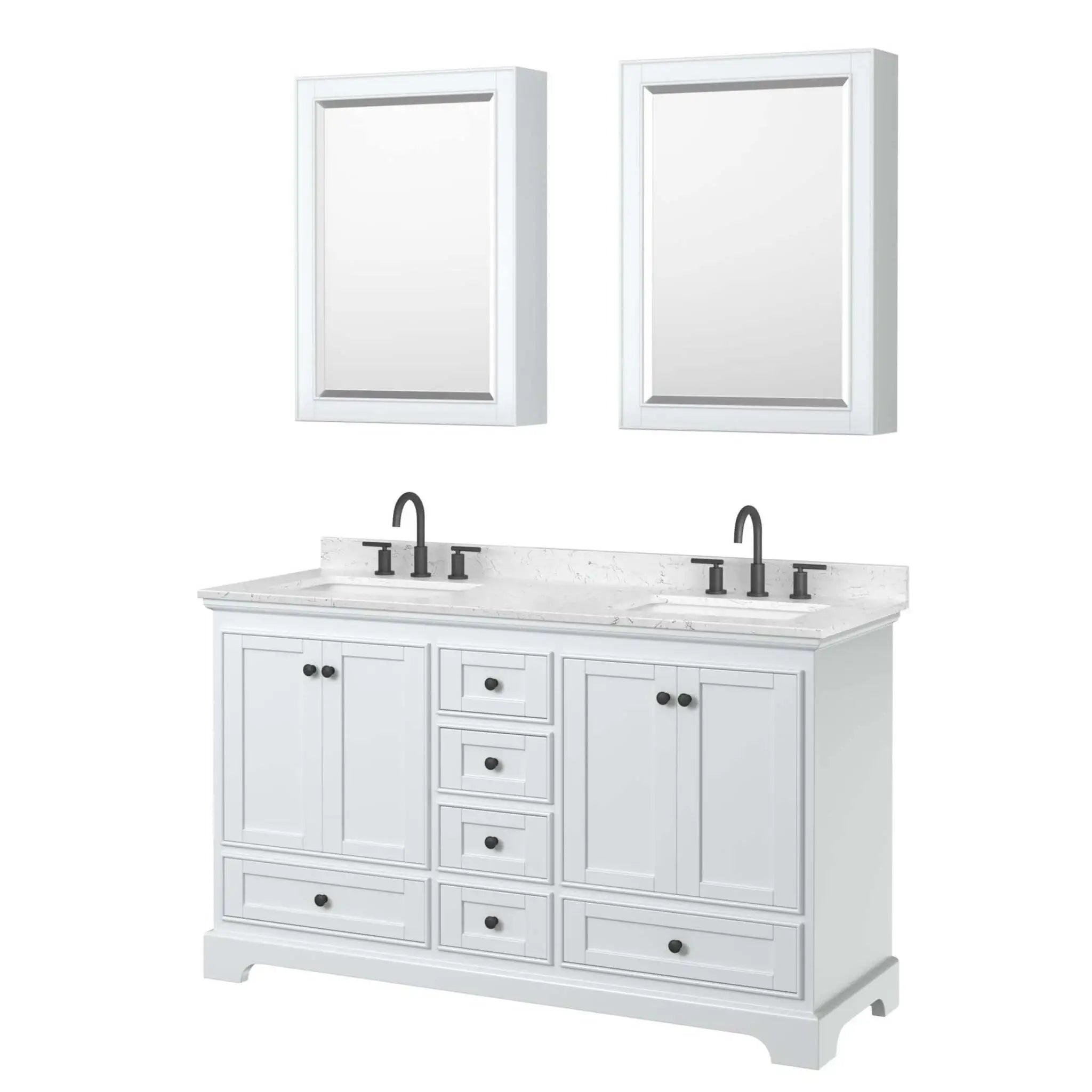 60" Deborah Double Bathroom Vanity in White with Matte Black Trim & Medicine Cabinet by Wyndham