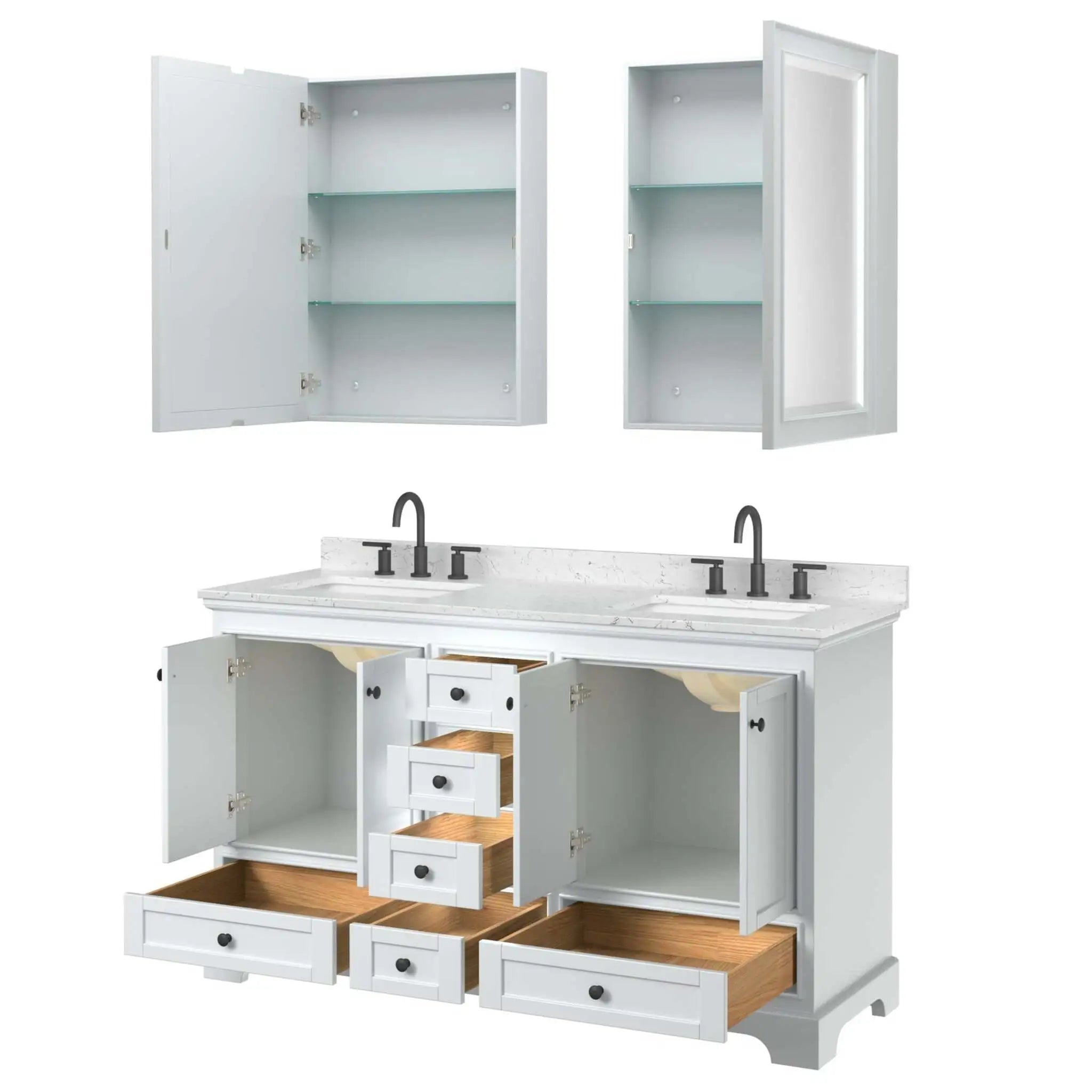 60" Deborah Double Bathroom Vanity in White with Matte Black Trim & Medicine Cabinet by Wyndham