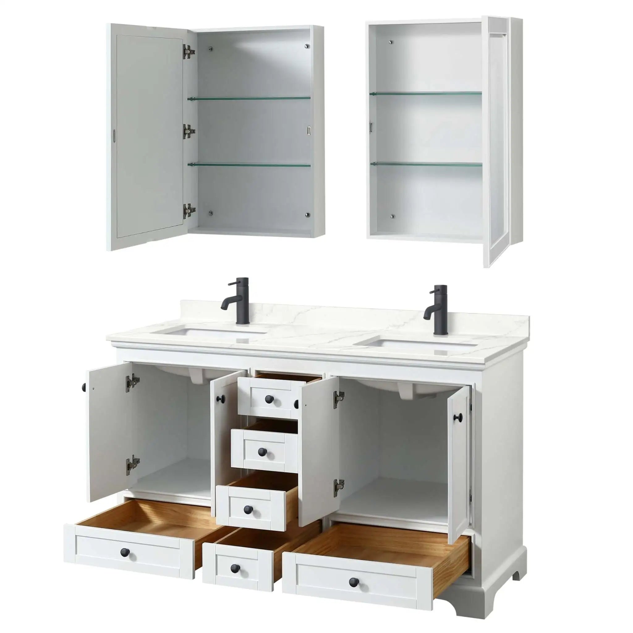 60" Deborah Double Bathroom Vanity in White with Matte Black Trim & Medicine Cabinet by Wyndham