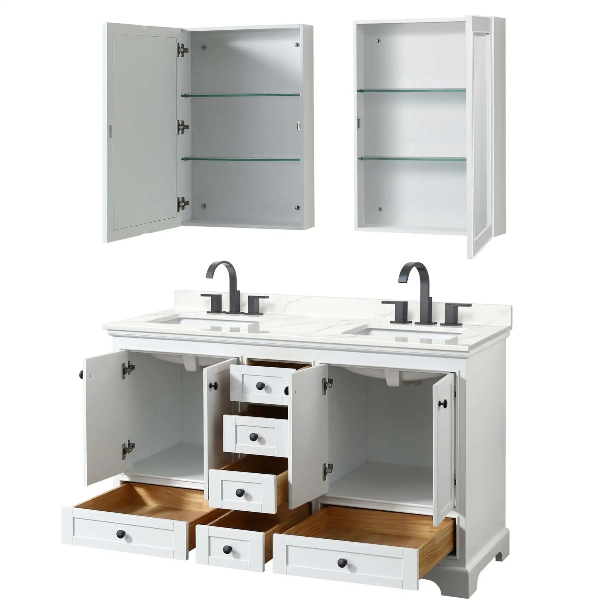 60" Deborah Double Bathroom Vanity in White with Matte Black Trim & Medicine Cabinet by Wyndham