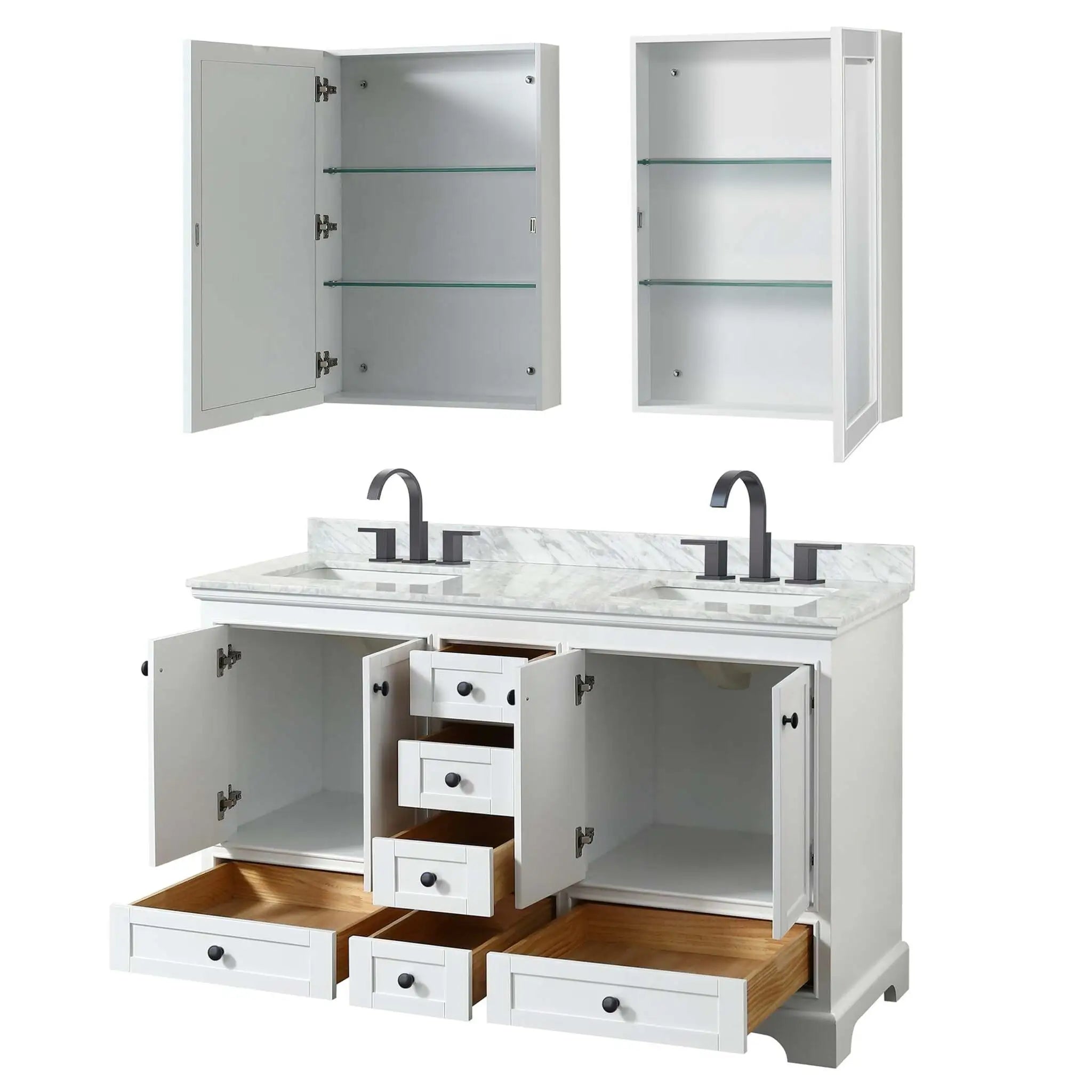 60" Deborah Double Bathroom Vanity in White with Matte Black Trim & Medicine Cabinet by Wyndham