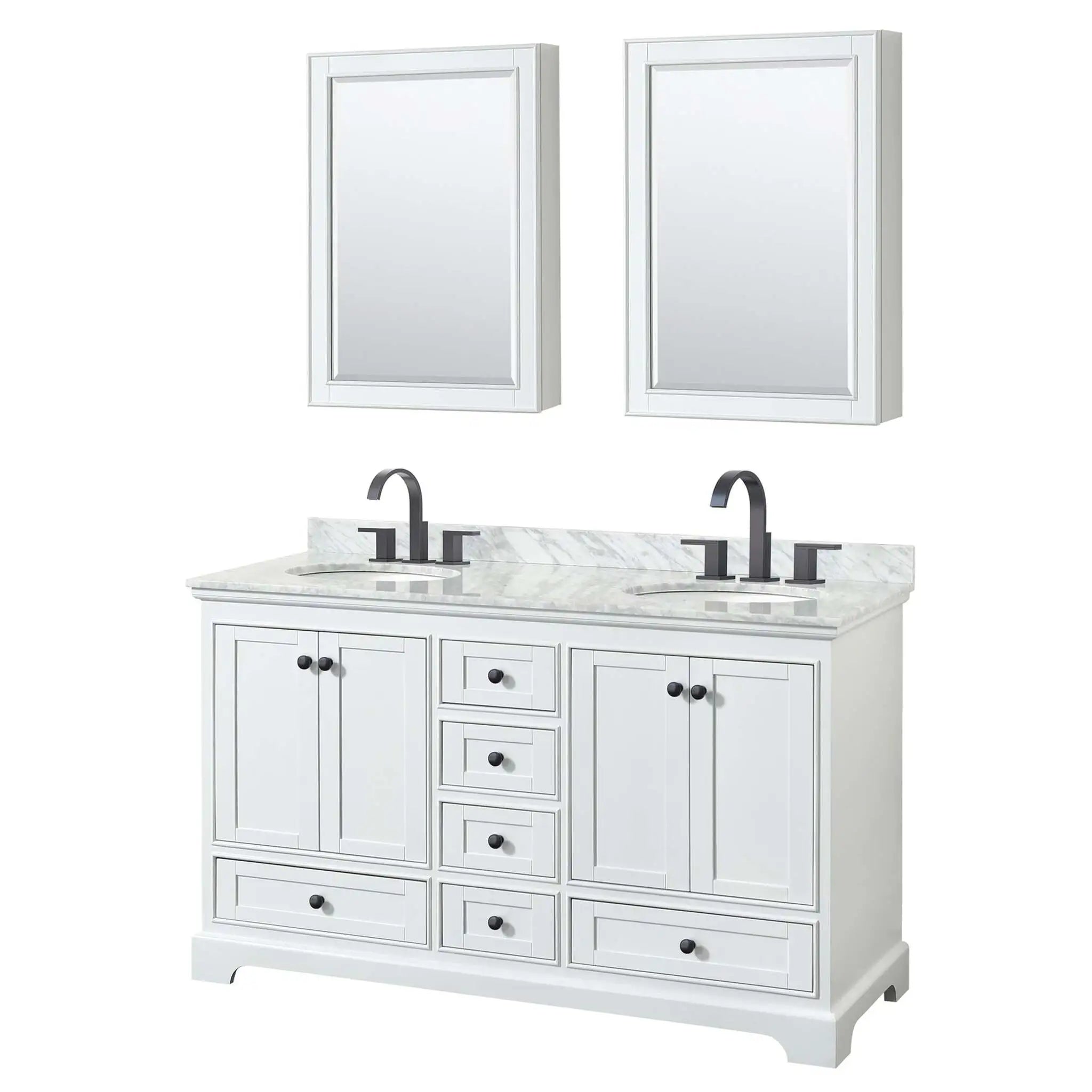 60" Deborah Double Bathroom Vanity in White with Matte Black Trim & Medicine Cabinet by Wyndham