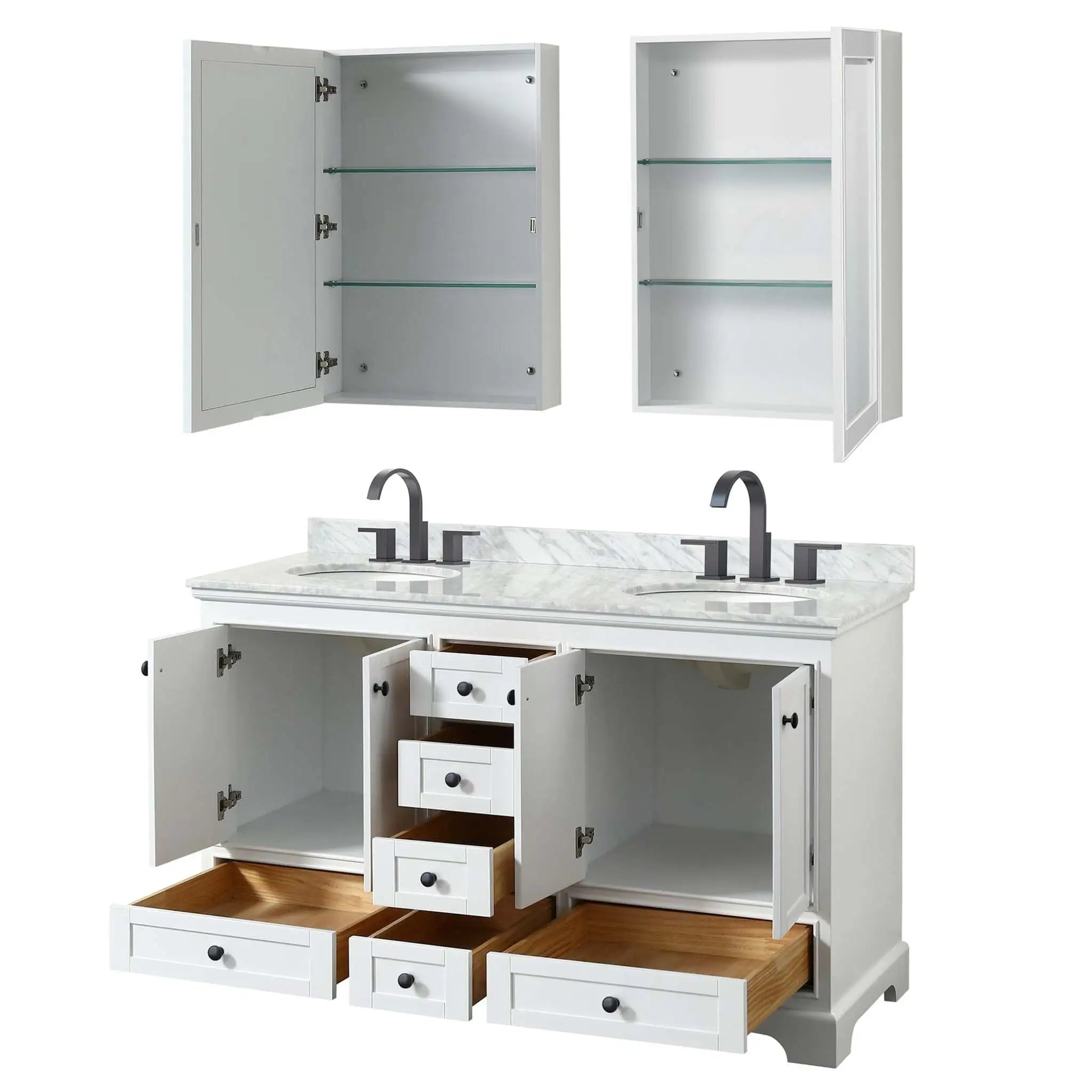 60" Deborah Double Bathroom Vanity in White with Matte Black Trim & Medicine Cabinet by Wyndham