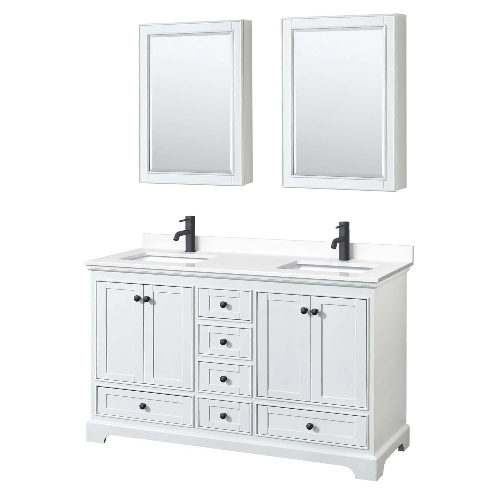 60" Deborah Double Bathroom Vanity in White with Matte Black Trim & Medicine Cabinet by Wyndham