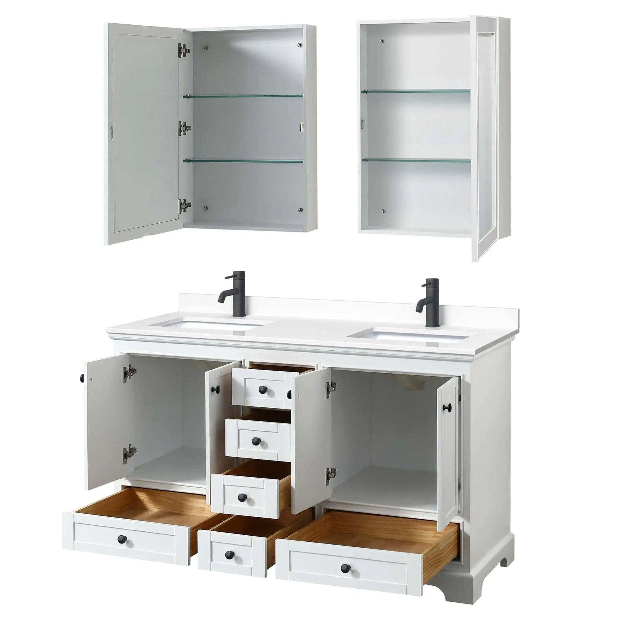 60" Deborah Double Bathroom Vanity in White with Matte Black Trim & Medicine Cabinet by Wyndham