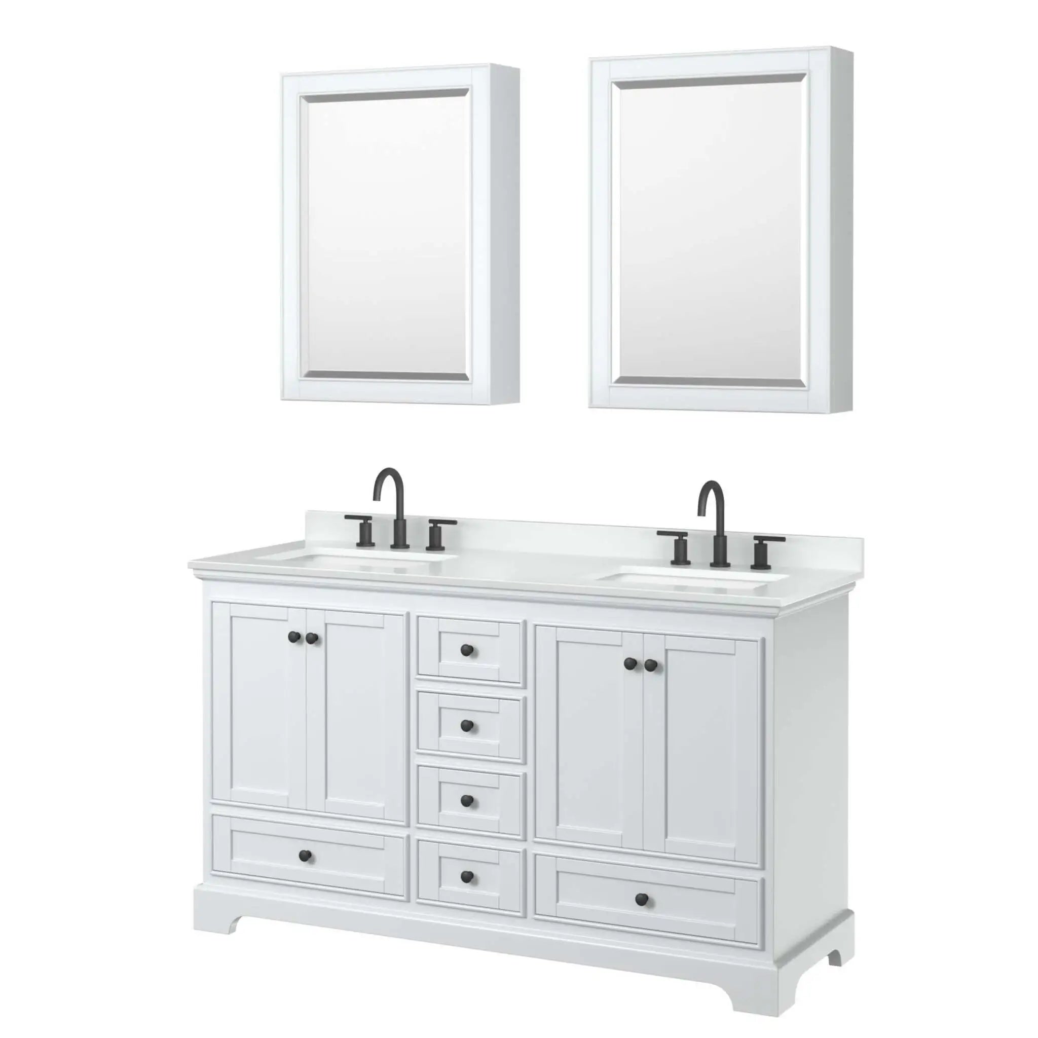60" Deborah Double Bathroom Vanity in White with Matte Black Trim & Medicine Cabinet by Wyndham