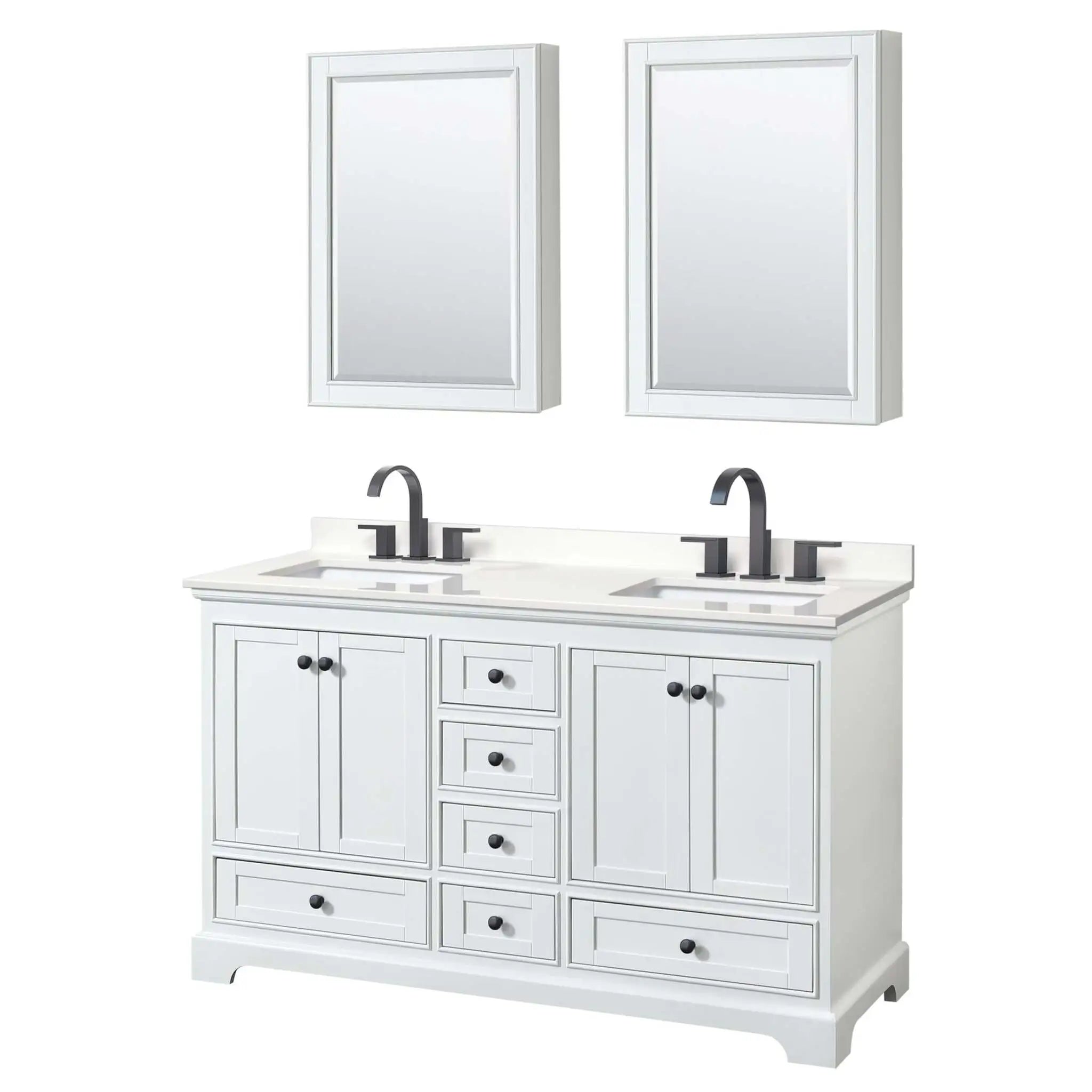 60" Deborah Double Bathroom Vanity in White with Matte Black Trim & Medicine Cabinet by Wyndham