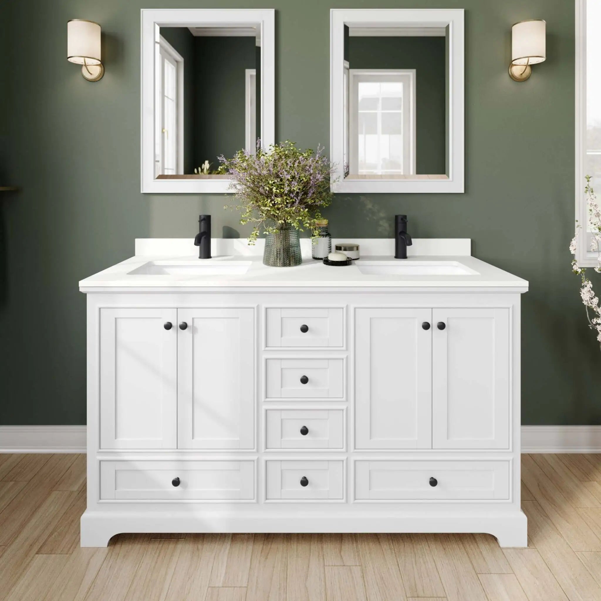 60" Deborah Double Bathroom Vanity in White with Matte Black Trim by Wyndham