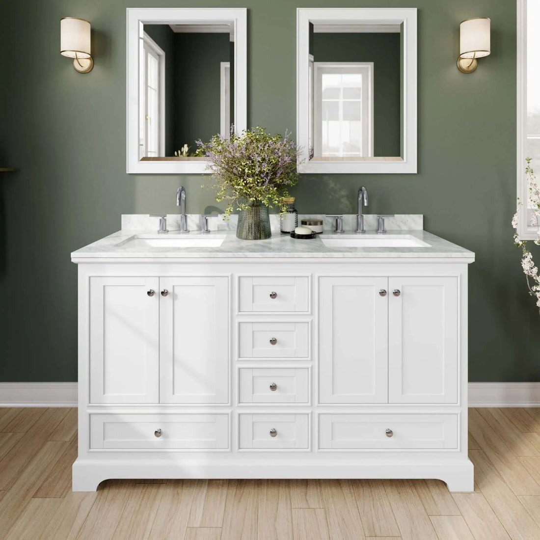 60" Deborah Double Bathroom Vanity in White with Polished Chrome Trim & 58" Mirror by Wyndham