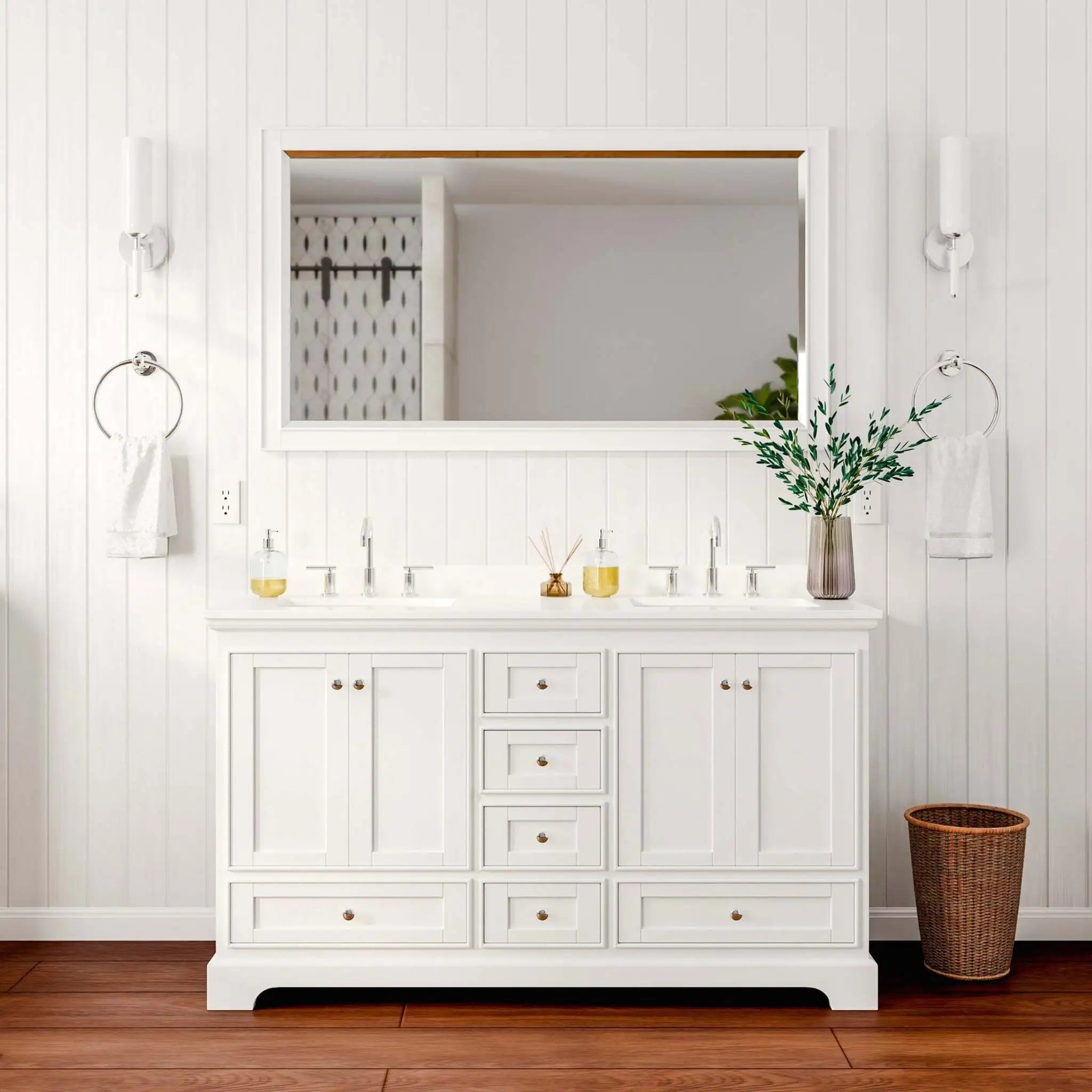 60" Deborah Double Bathroom Vanity in White with Polished Chrome Trim & 58" Mirror by Wyndham
