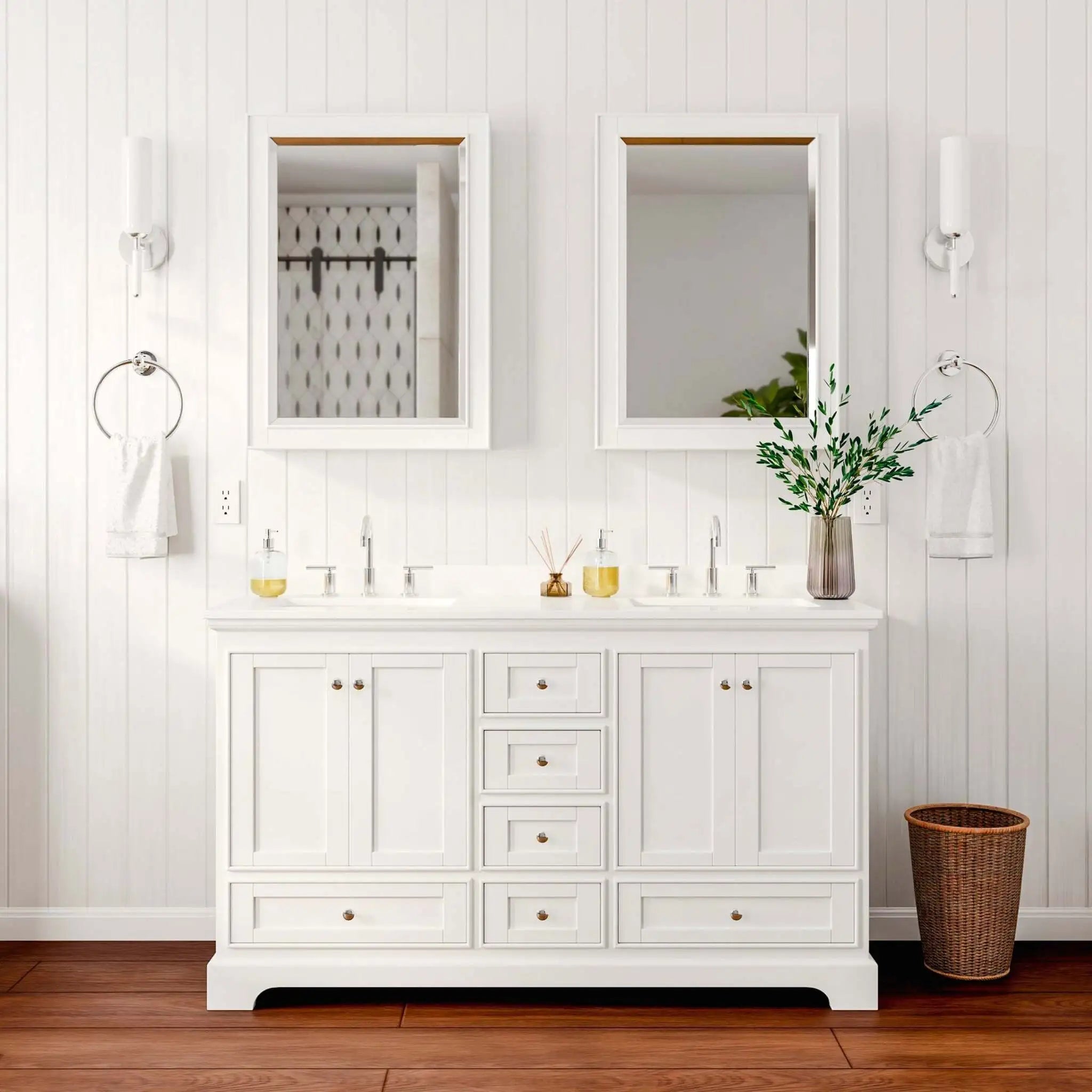 60" Deborah Double Bathroom Vanity in White with Polished Chrome Trim & Medicine Cabinet by Wyndham