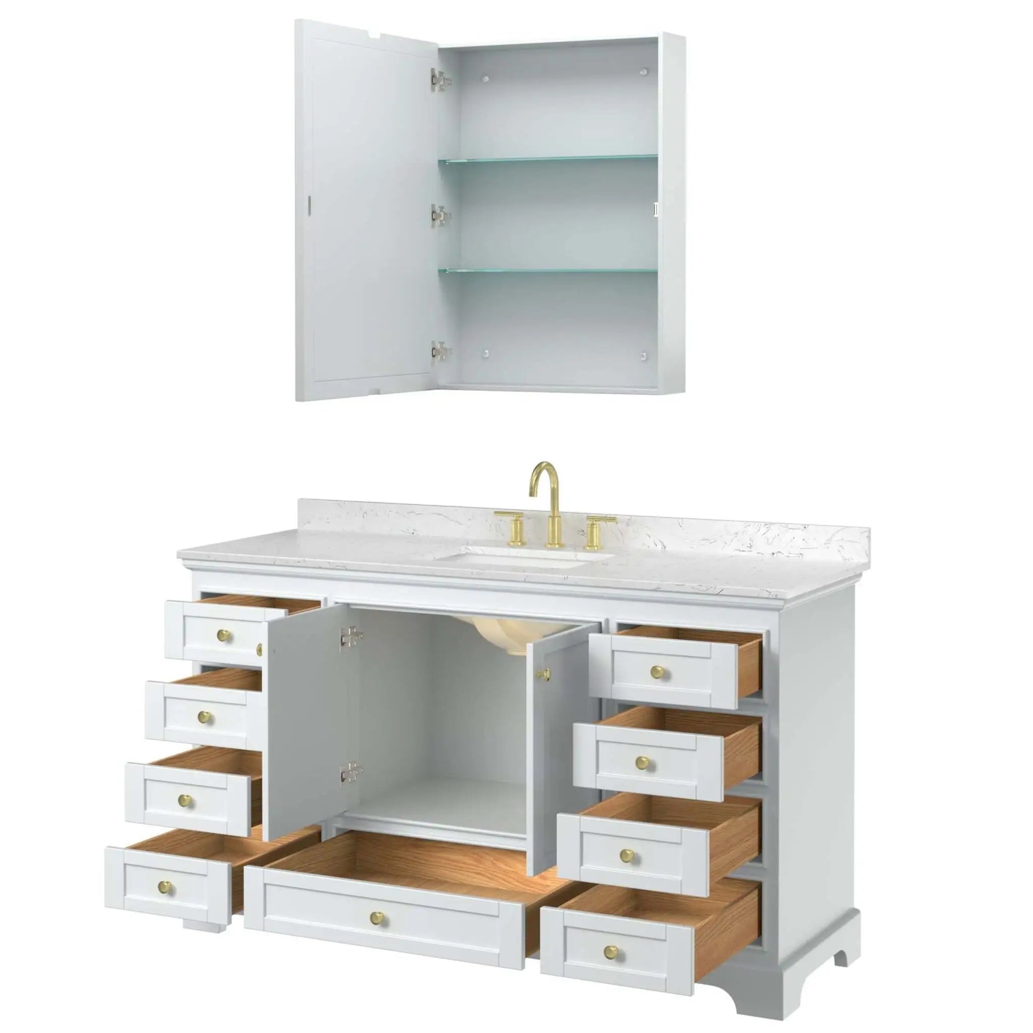 60" Deborah Single Bathroom Vanity in White with Brushed Gold Trim & Medicine Cabinet by Wyndham