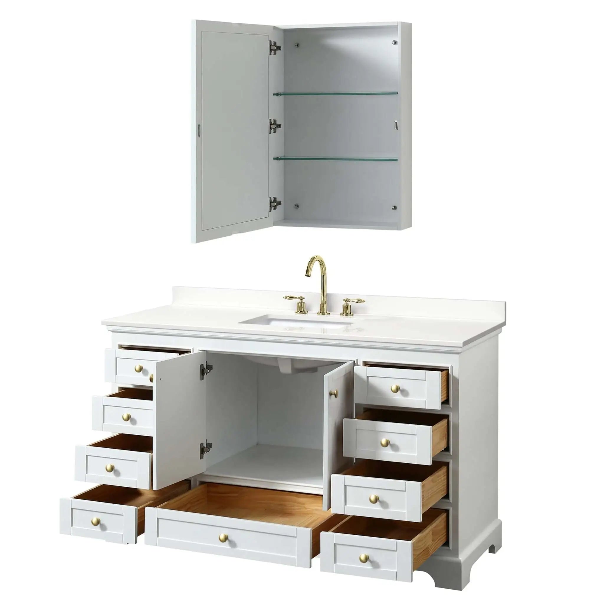 60" Deborah Single Bathroom Vanity in White with Brushed Gold Trim & Medicine Cabinet by Wyndham