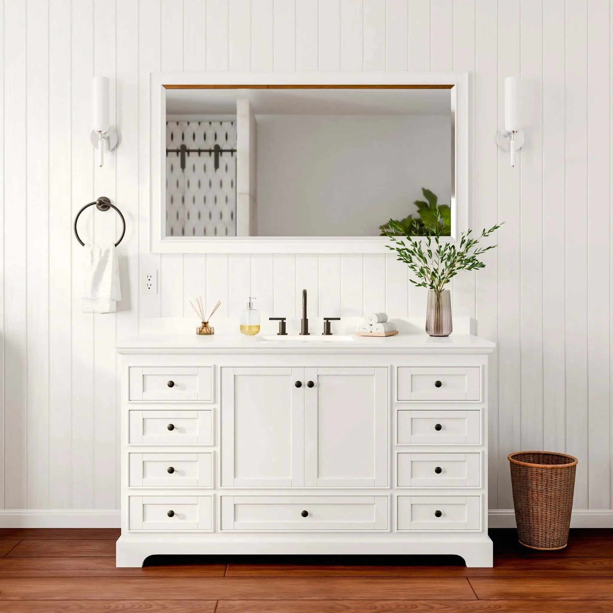 60" Deborah Single Bathroom Vanity in White with Matte Black Trim & 58" Mirror by Wyndham