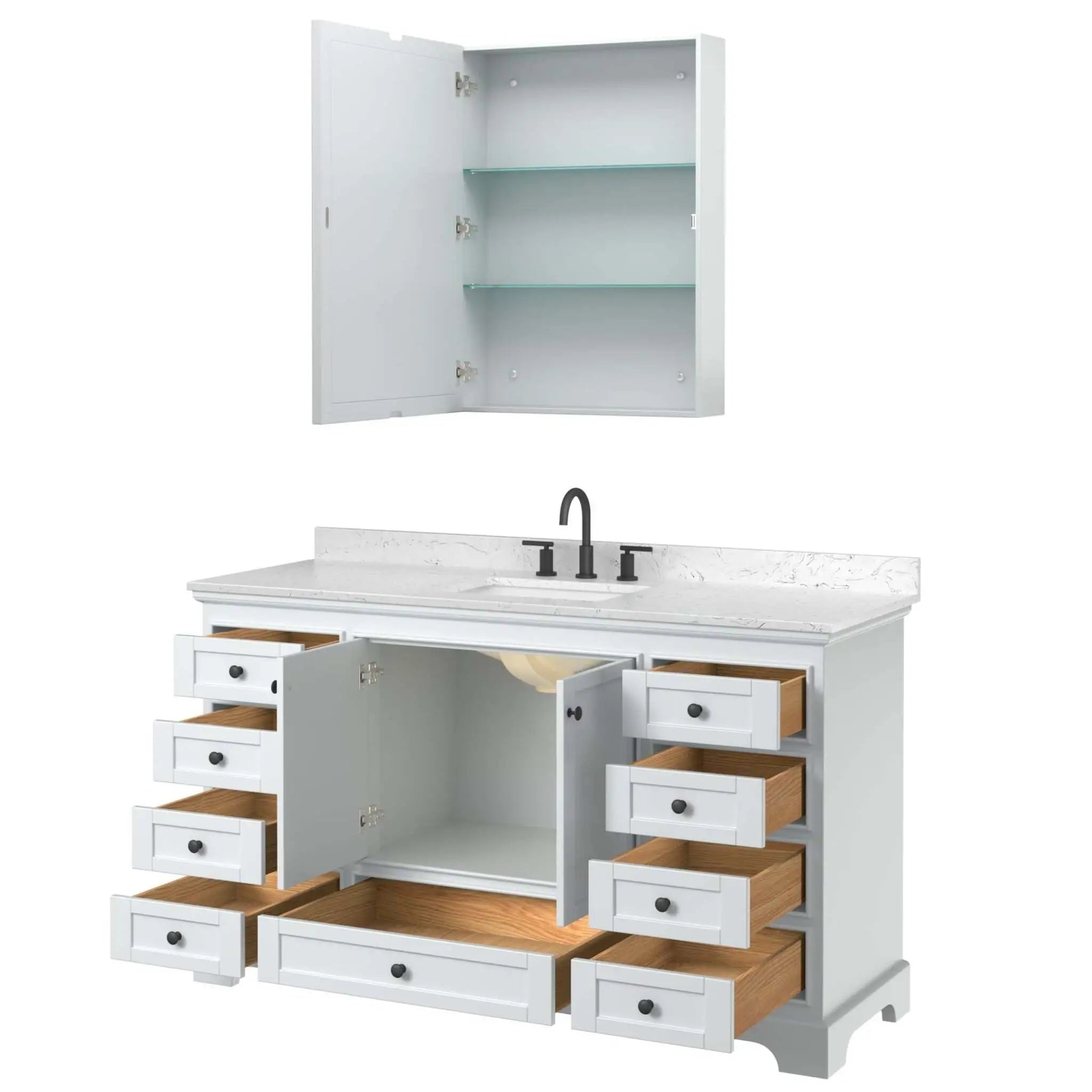 60" Deborah Single Bathroom Vanity in White with Matte Black Trim & Medicine Cabinet by Wyndham