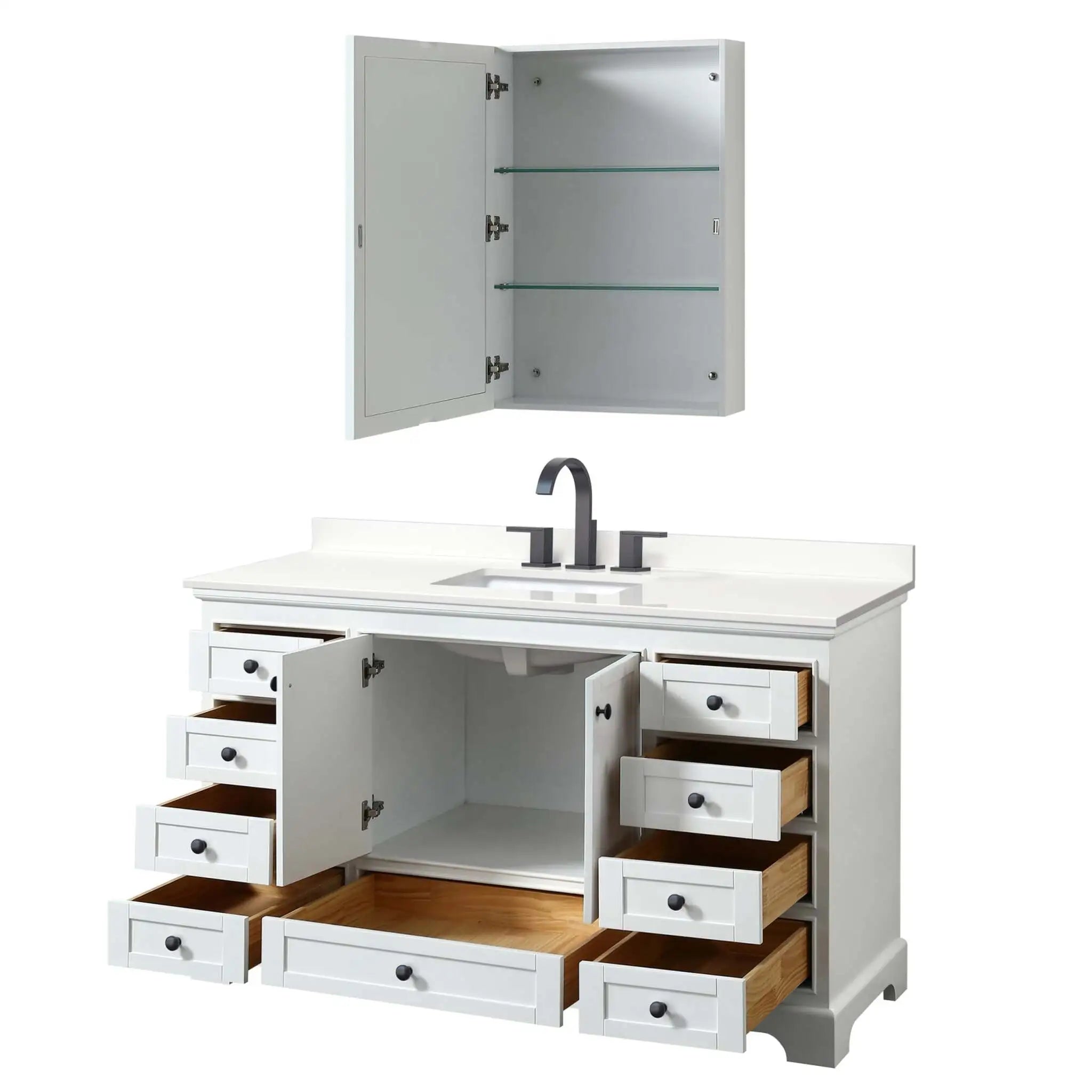 60" Deborah Single Bathroom Vanity in White with Matte Black Trim & Medicine Cabinet by Wyndham
