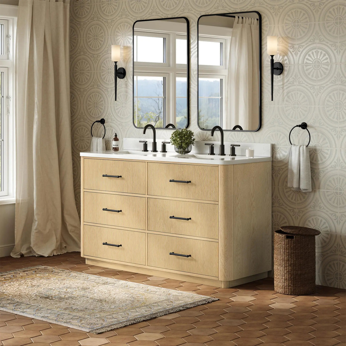 60" Francesca Double Bathroom Vanity Scandinavian Oak Matte Black Trim by wyndham View 7