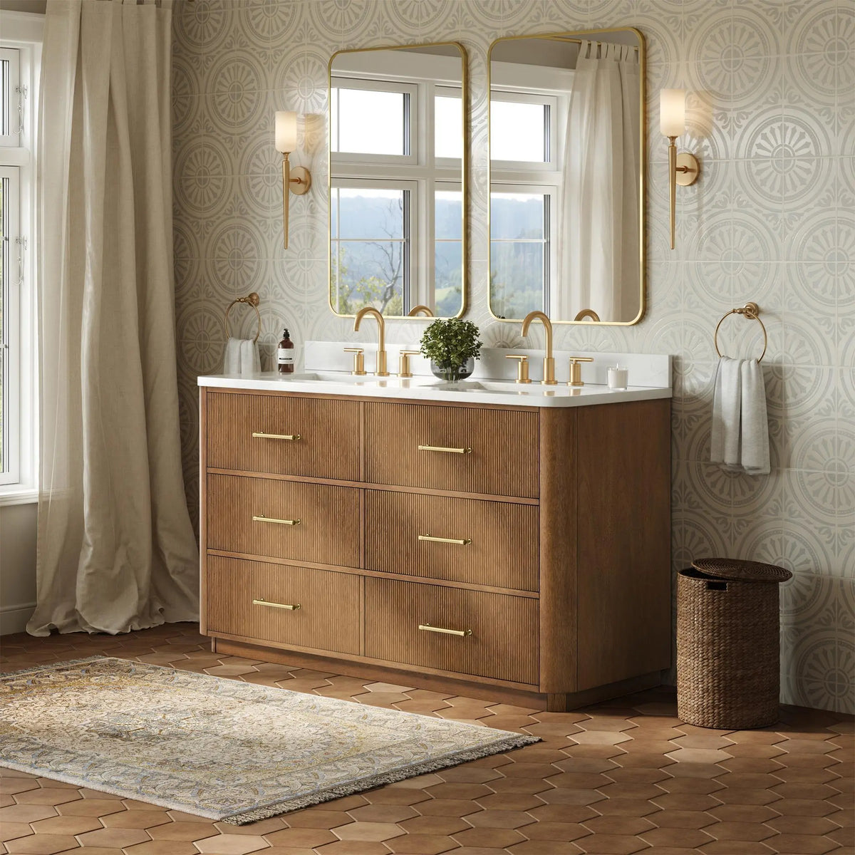 60" Francesca Double Bathroom Vanity Toasted Walnut Satin Bronze Trim by wyndham View 7