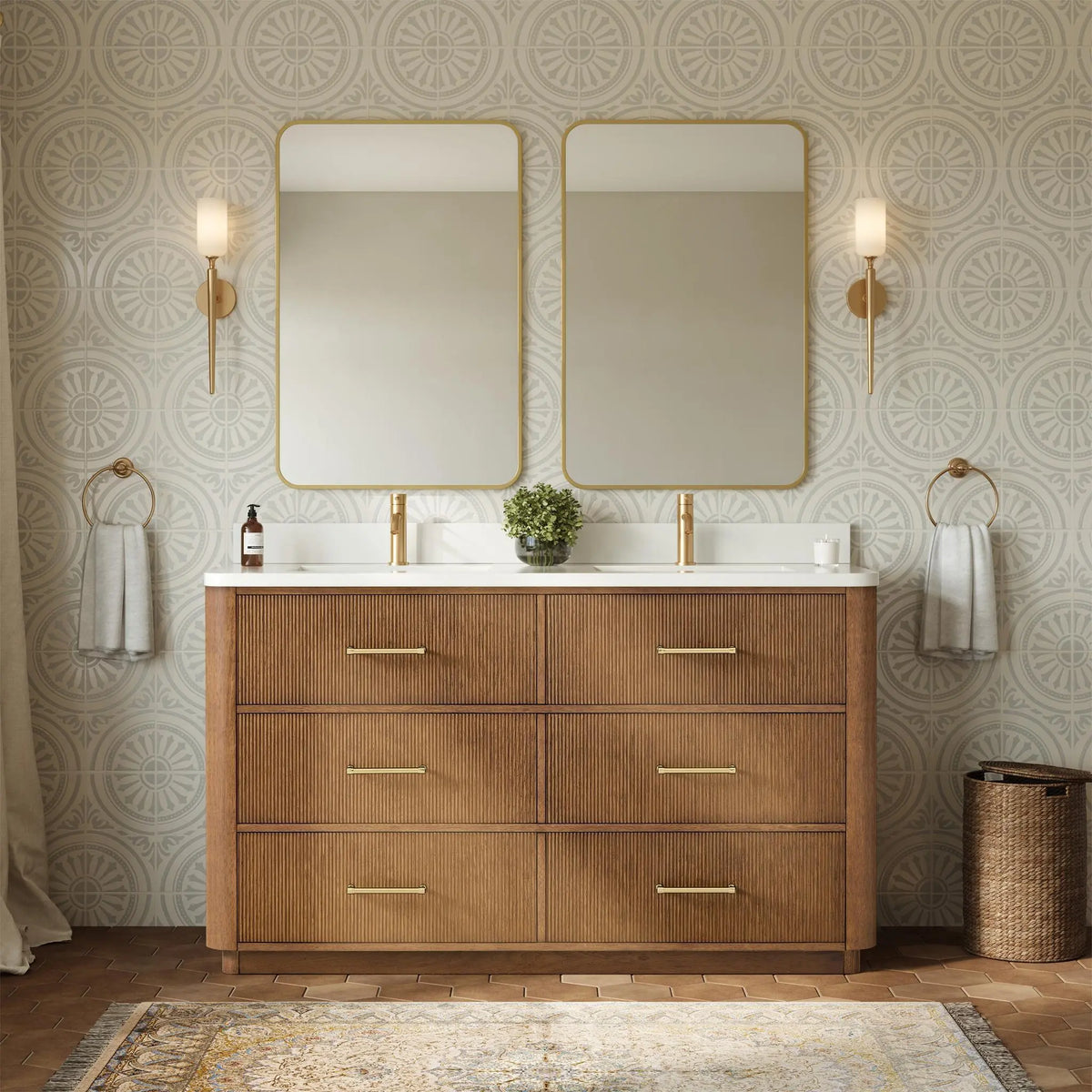 60" Francesca Double Bathroom Vanity Toasted Walnut Satin Bronze Trim by wyndham View 14