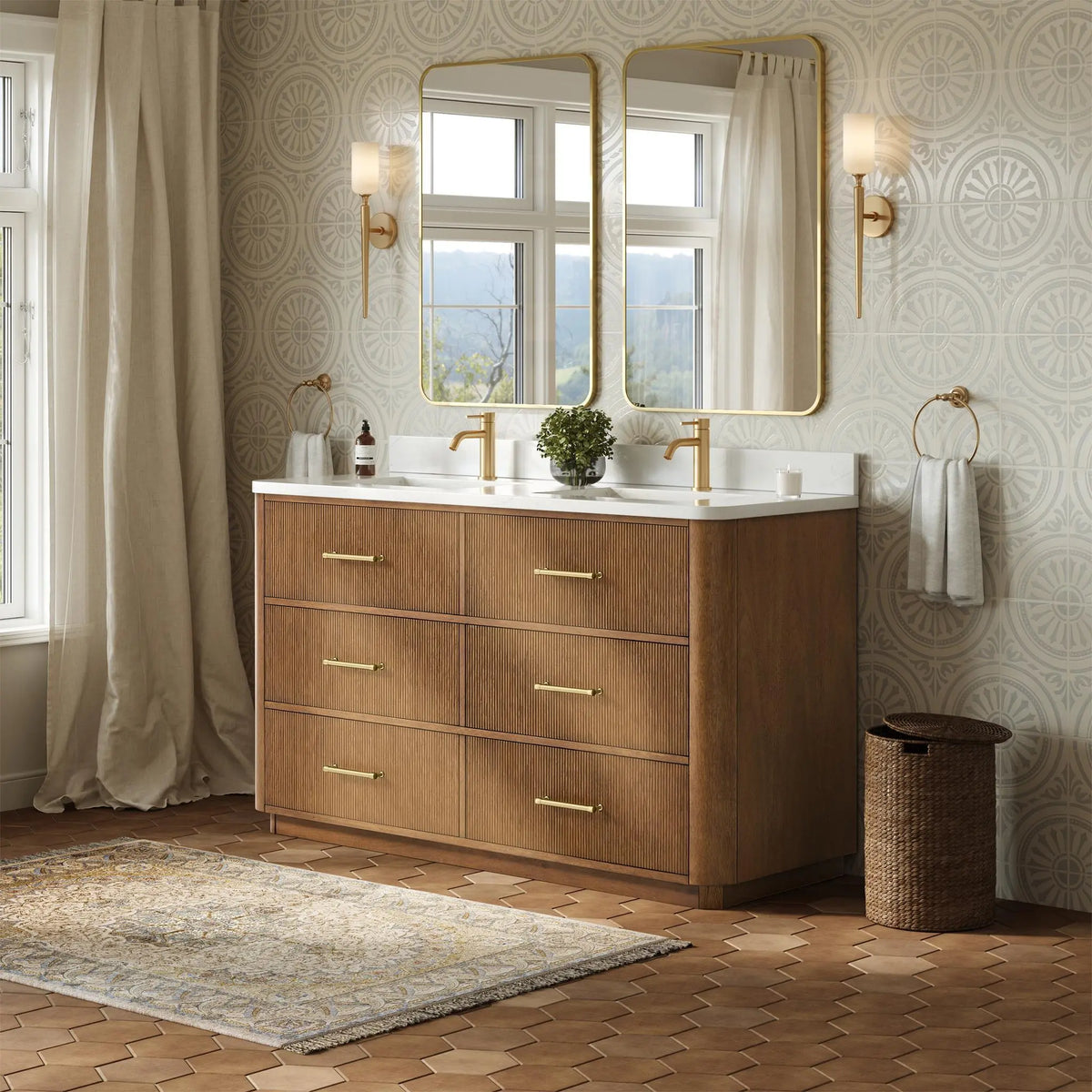 60" Francesca Double Bathroom Vanity Toasted Walnut Satin Bronze Trim by wyndham View 2