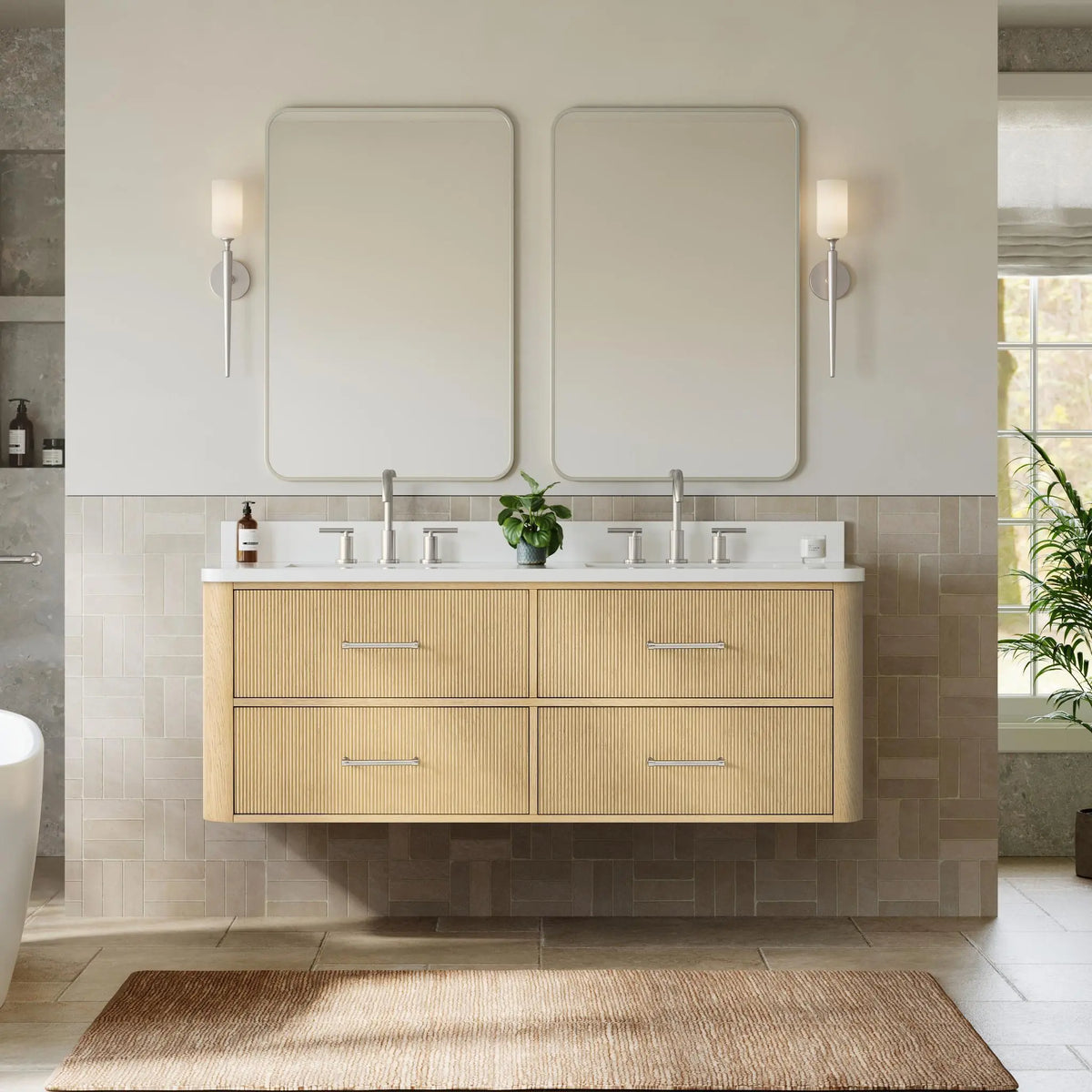 60" Francesca Double Wall Mounted Bathroom Vanity Scandinavian Oak Brushed Nickel Trim by wyndham View 19