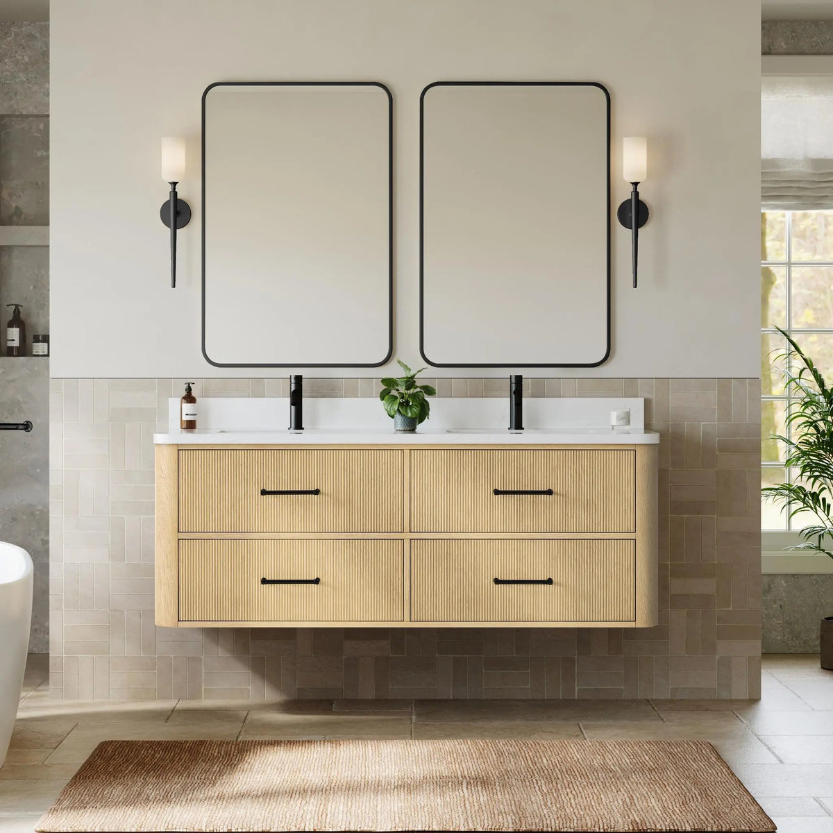 60" Francesca Double Wall Mounted Bathroom Vanity Scandinavian Oak Matte Black Trim by wyndham View 4