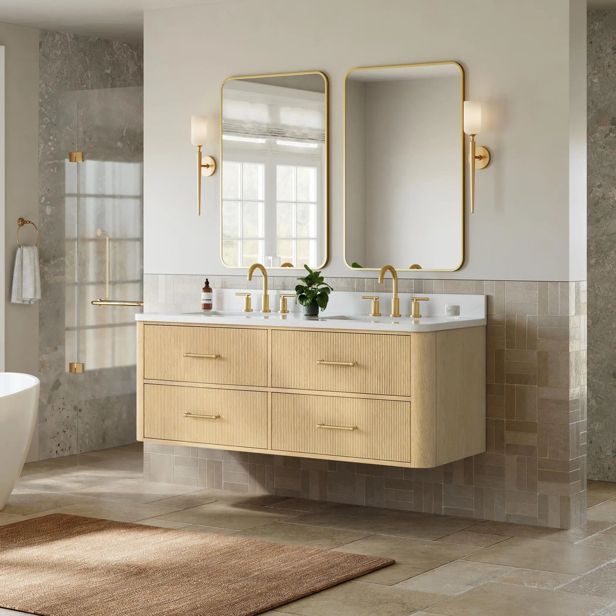 60" Francesca Double Wall Mounted Bathroom Vanity Scandinavian Oak Satin Bronze Trim by wyndham View 7