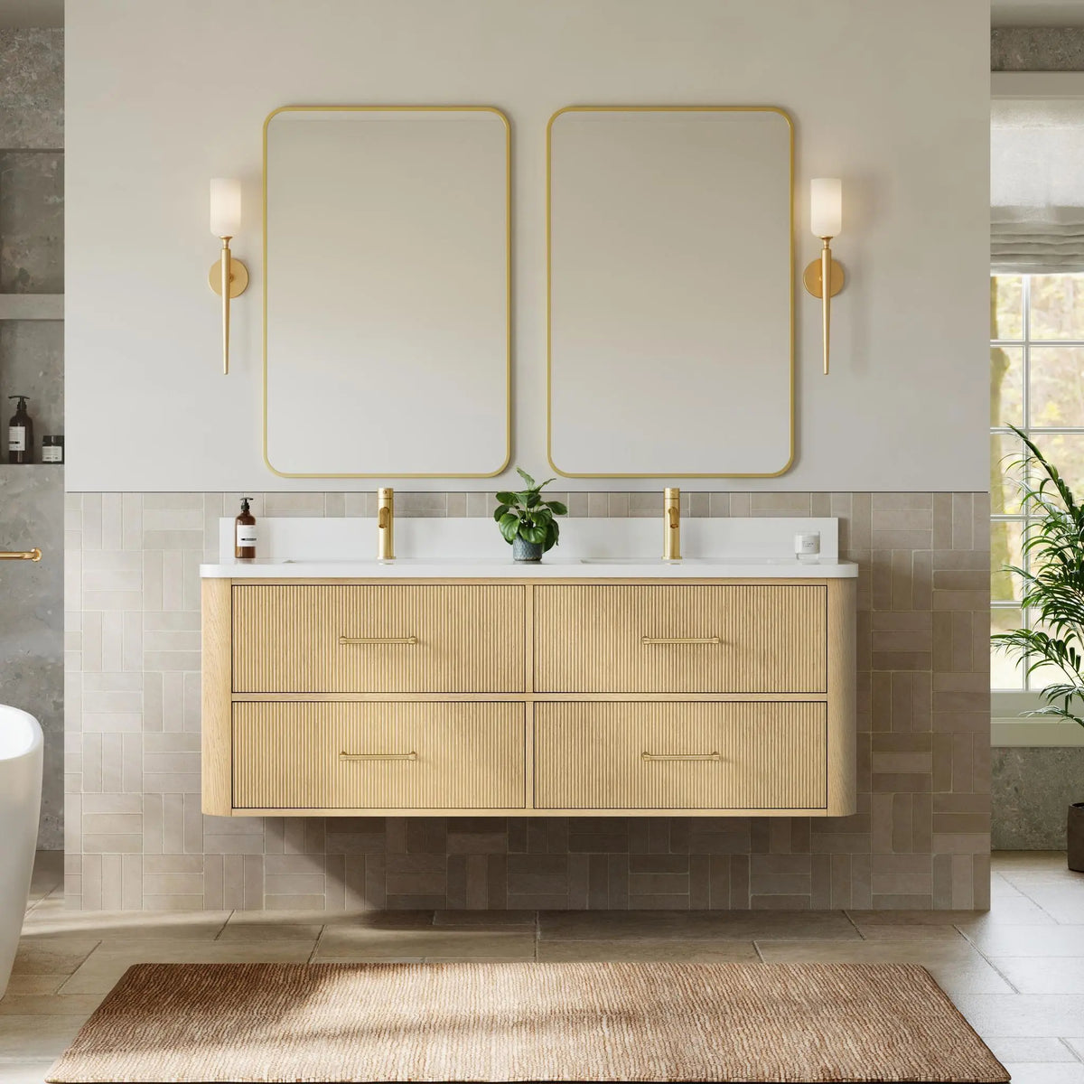60" Francesca Double Wall Mounted Bathroom Vanity Scandinavian Oak Satin Bronze Trim by wyndham View 14