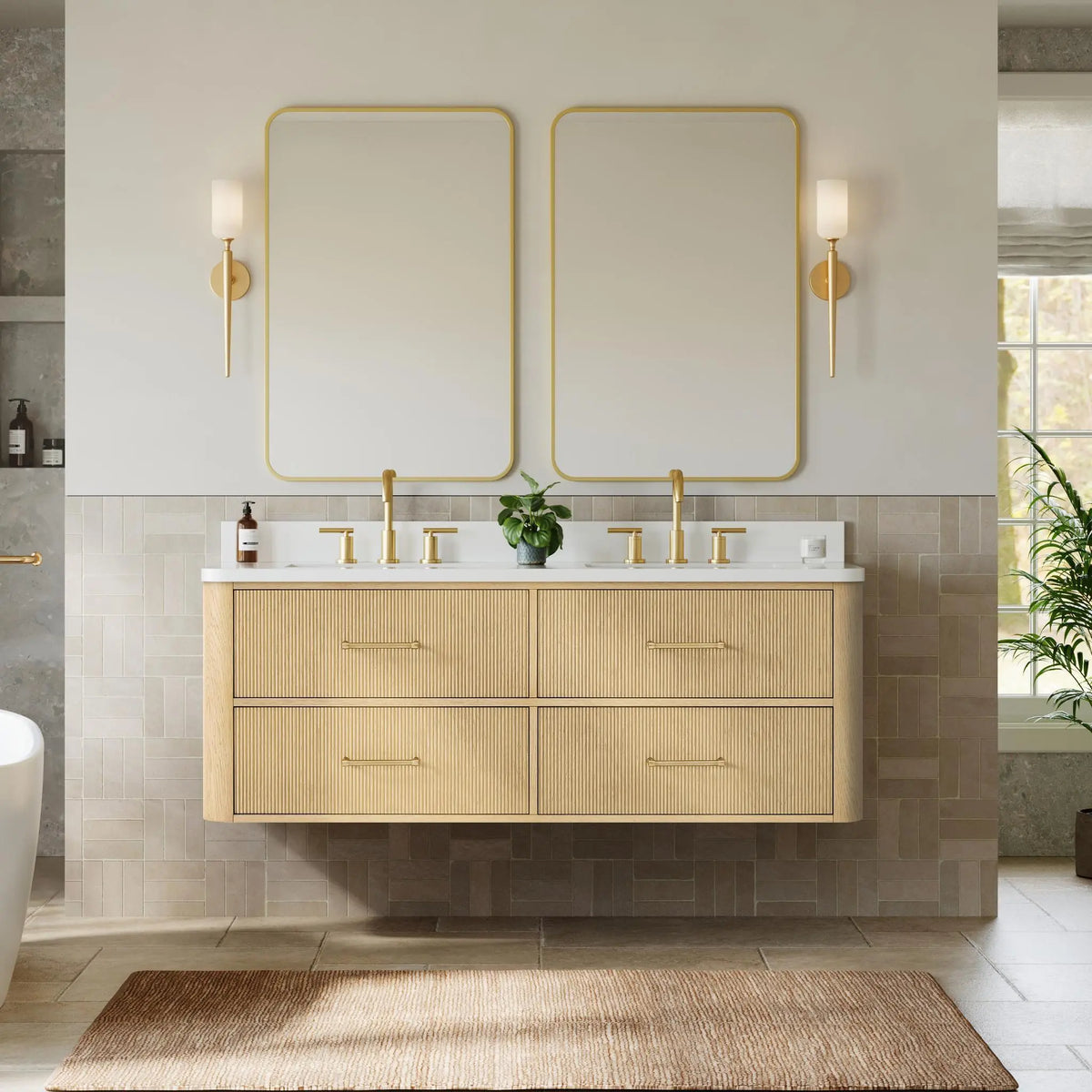 60" Francesca Double Wall Mounted Bathroom Vanity Scandinavian Oak Satin Bronze Trim by wyndham View 19