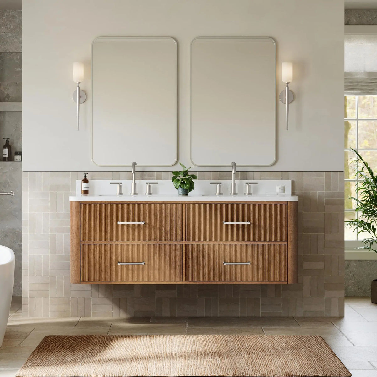 60" Francesca Double Wall Mounted Bathroom Vanity Toasted Walnut Brushed Nickel Trim by wyndham View 9