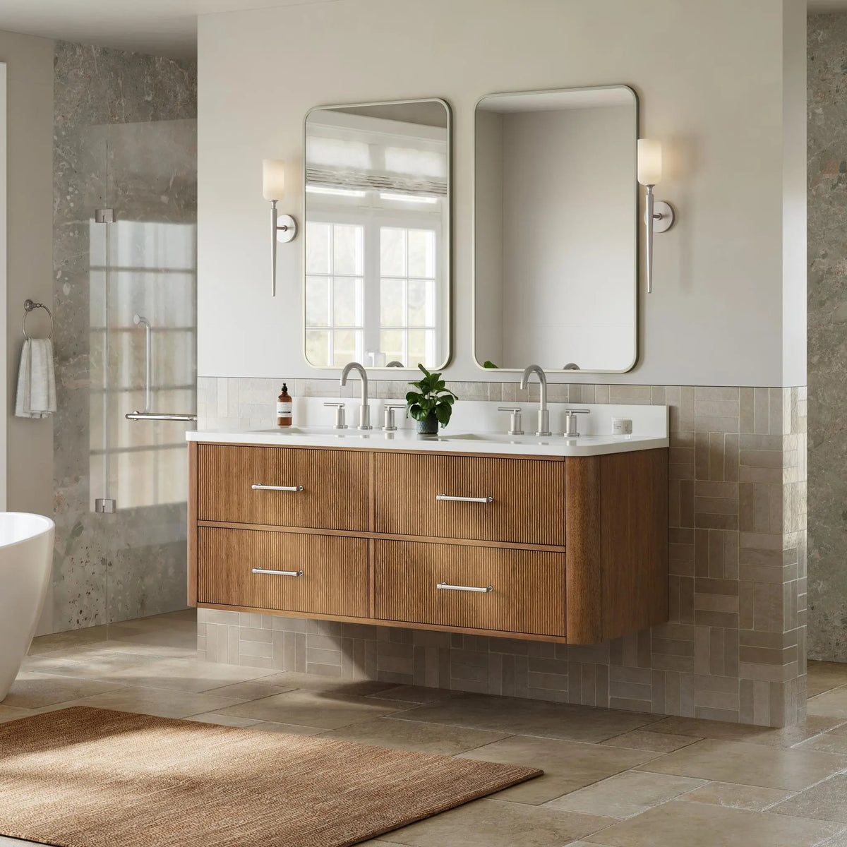 60" Francesca Double Wall Mounted Bathroom Vanity Toasted Walnut Brushed Nickel Trim by wyndham View 17