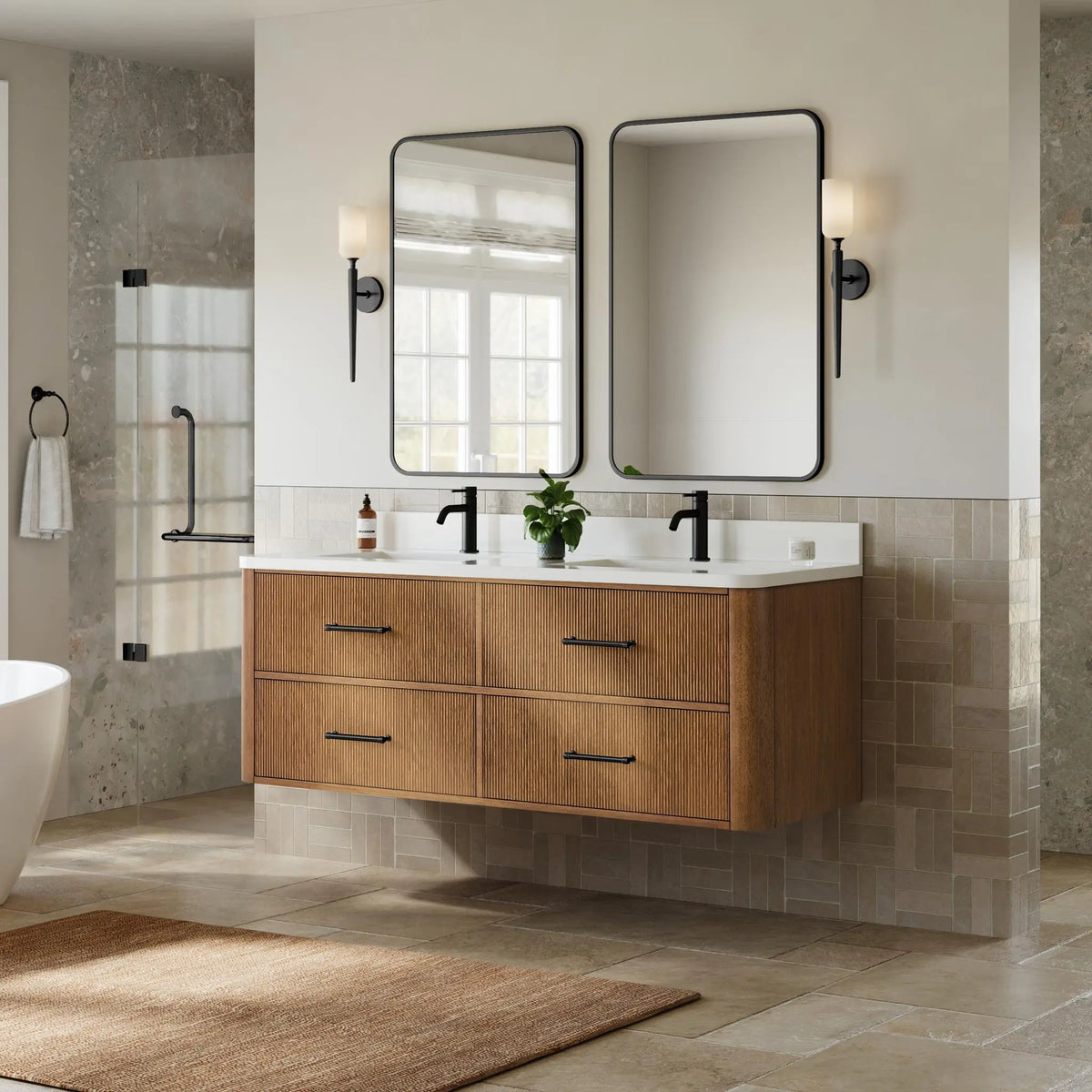 60" Francesca Double Wall Mounted Bathroom Vanity Toasted Walnut Matte Black Trim by wyndham View 12