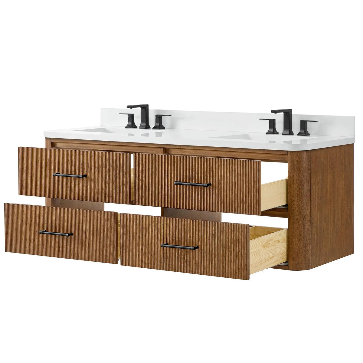 60" Francesca Double Wall Mounted Bathroom Vanity Toasted Walnut Matte Black Trim by wyndham View 18