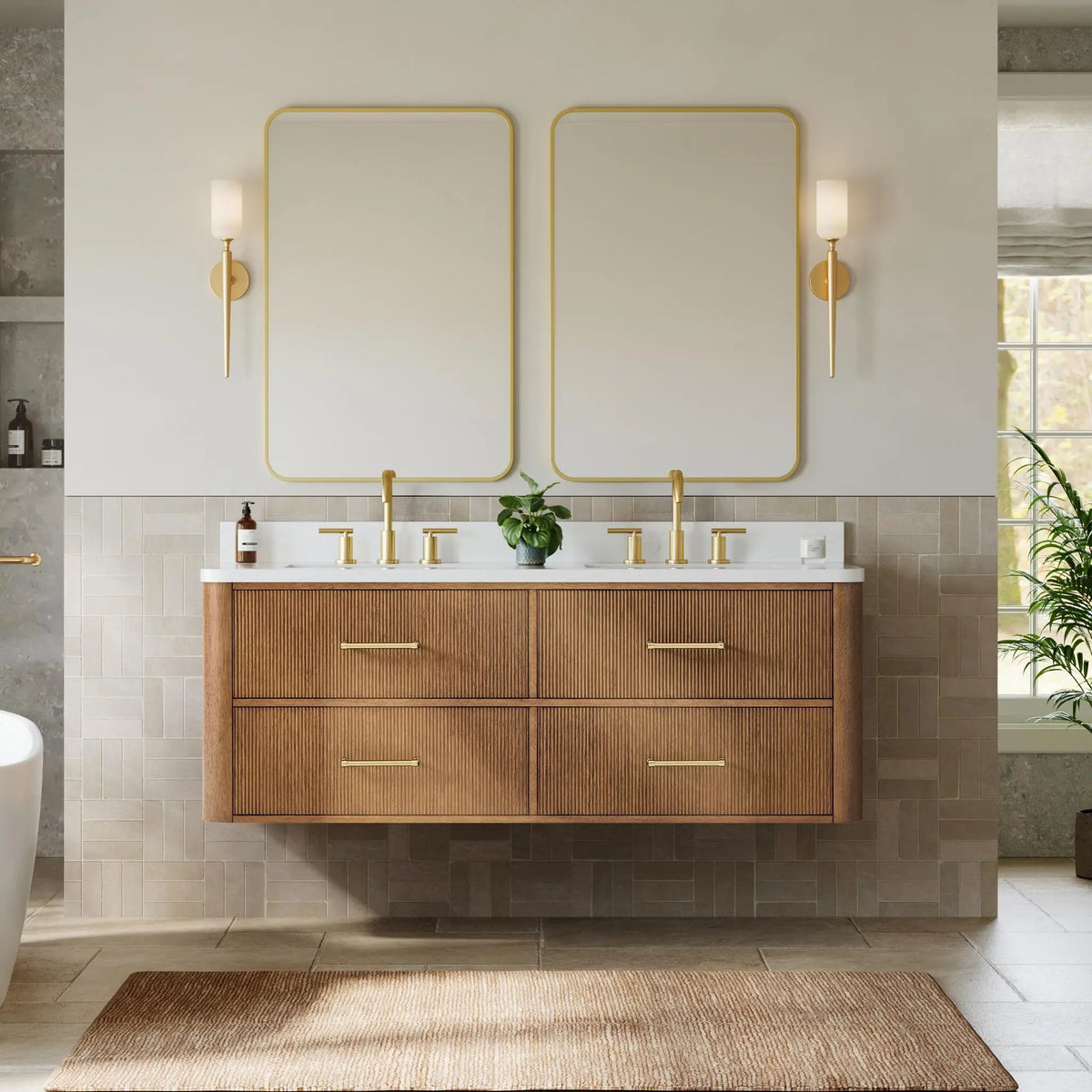 60" Francesca Double Wall Mounted Bathroom Vanity Toasted Walnut Satin Bronze Trim by wyndham View 9
