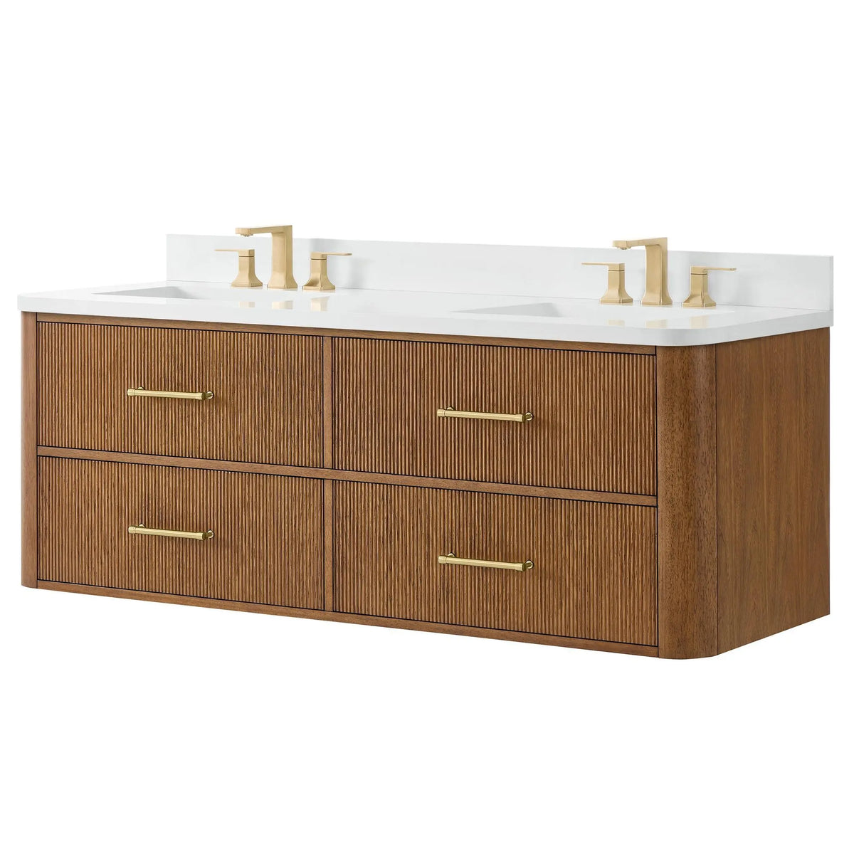60" Francesca Double Wall Mounted Bathroom Vanity Toasted Walnut Satin Bronze Trim by wyndham View 20
