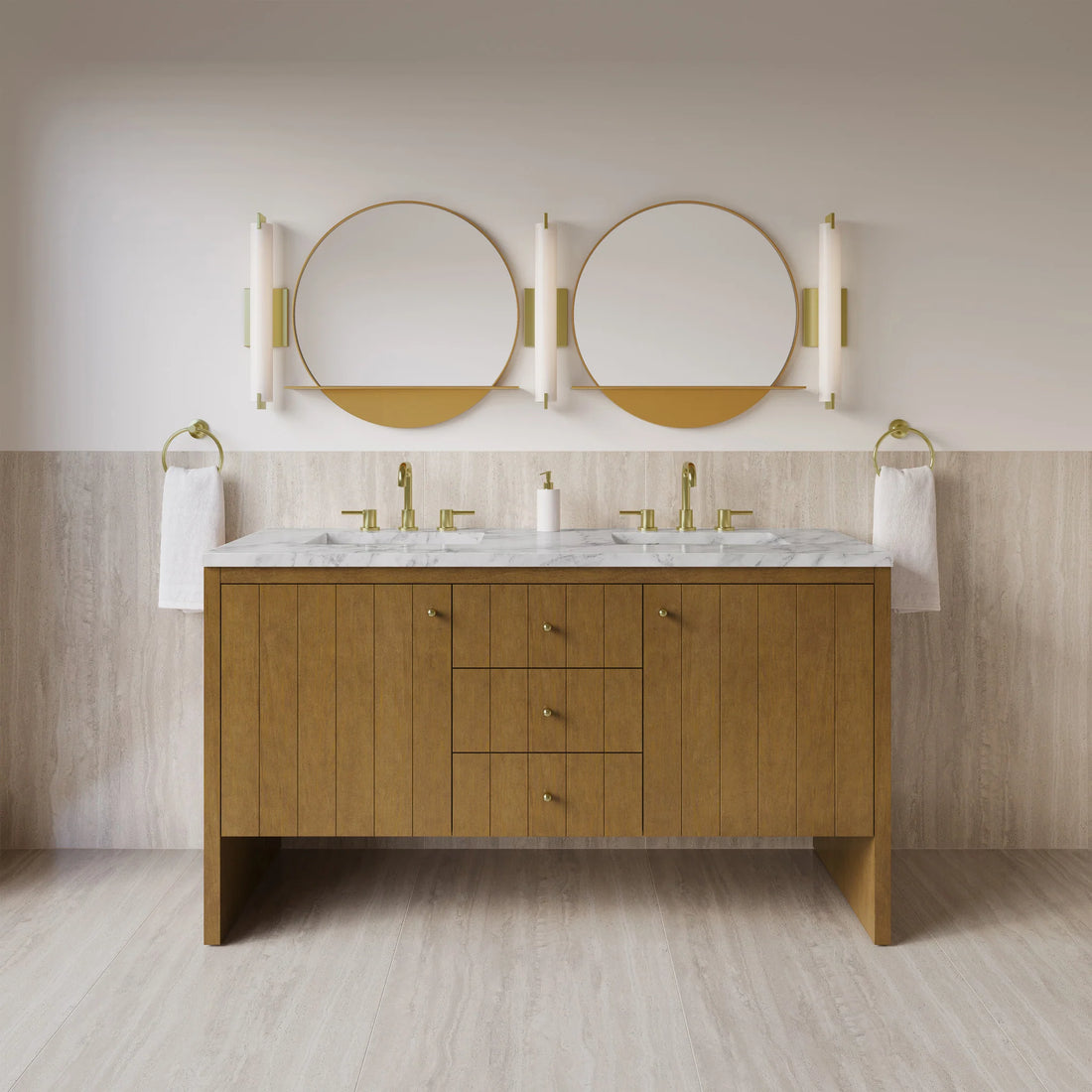 60" Hudson Double Vanity in Honey Oak by James Martin Vanities-Carrara White Marble 1